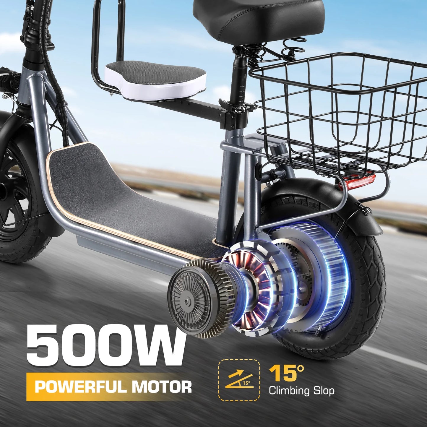 819W/1200W Electric Scooter with Seat, 12" Shock Tires, 500Wh Battery 30 Miles & 20MPH, Foldable E-Bike for Commuting