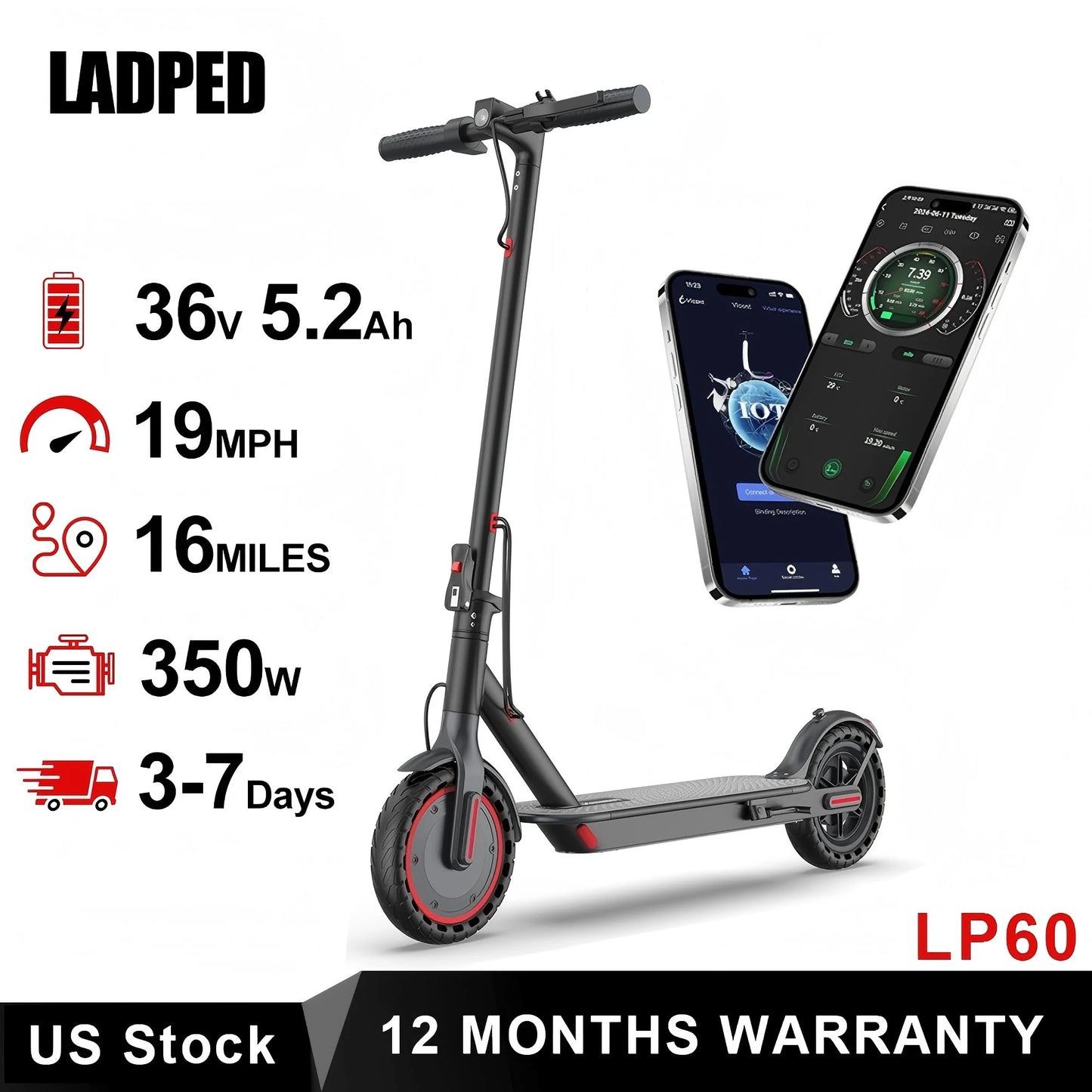 Ladped LP60 Electric Scooter 350W Folding 19mph App Control
