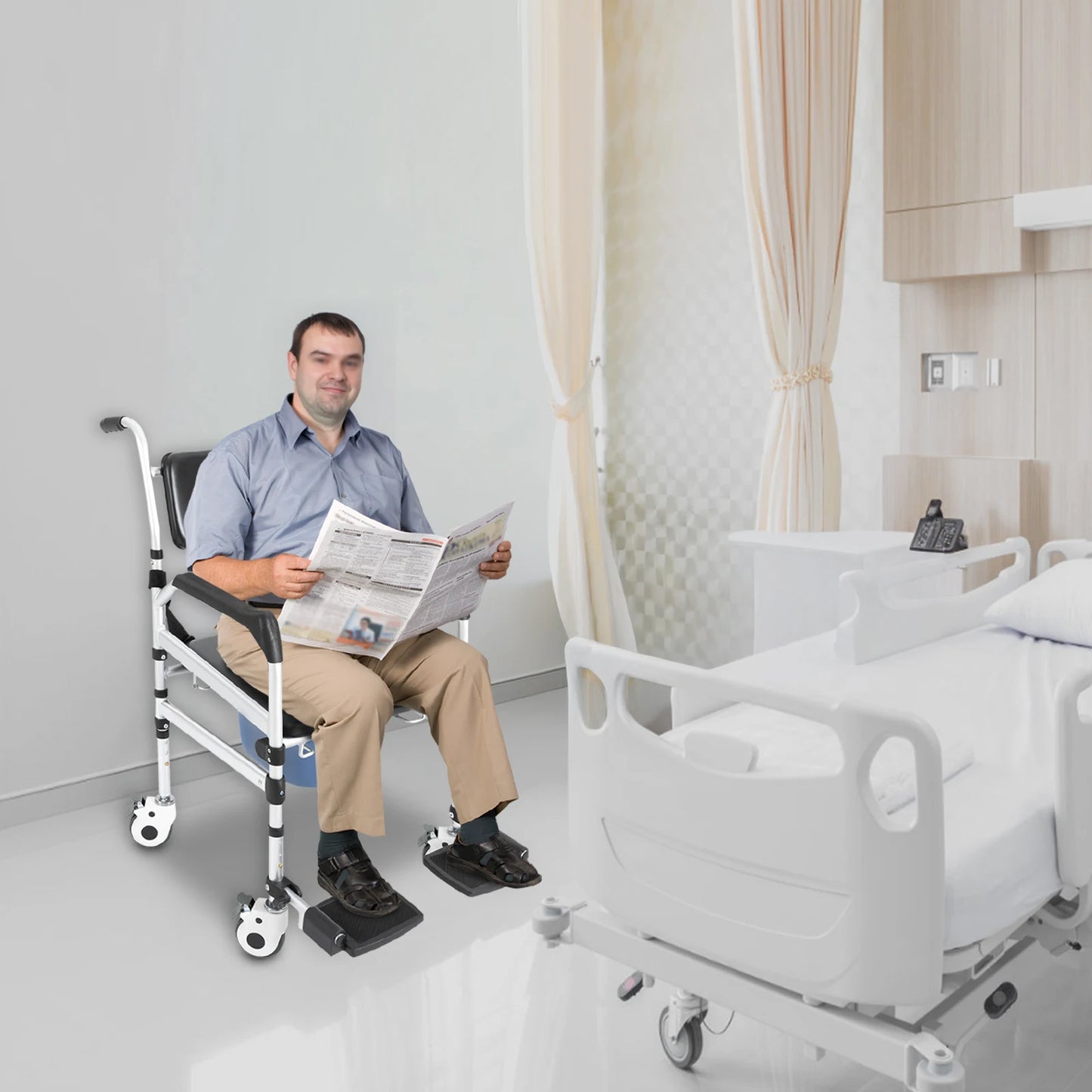 Aluminum Shower Commode Chair With Folding Seat And Locking Wheels
