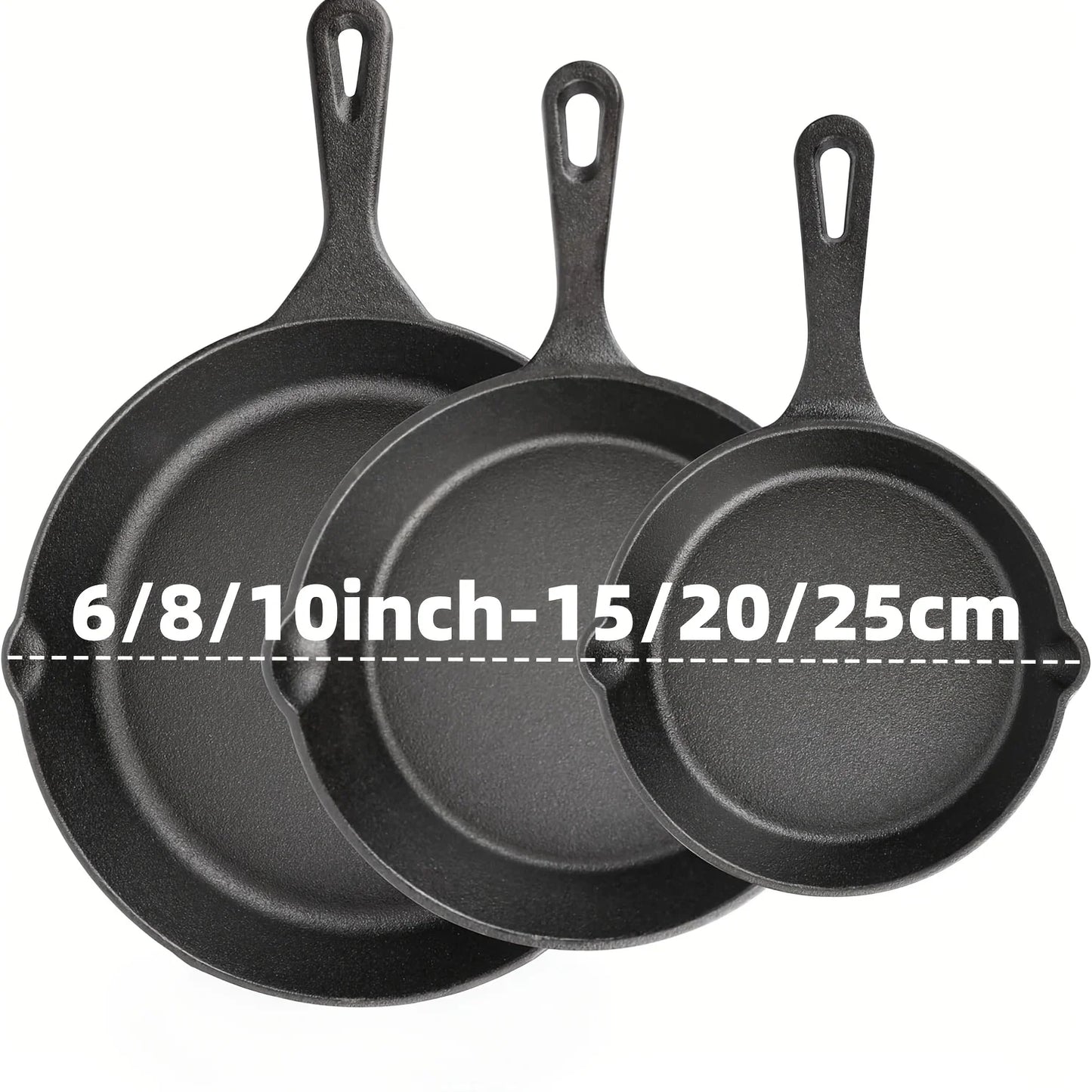 3PCS Cast Iron Skillet Set (6/8/10 Inch) Pre-Seasoned, Heavy-Duty Pans for Oven, Grill & Campfire, Even Heat, Non-Stick Surface