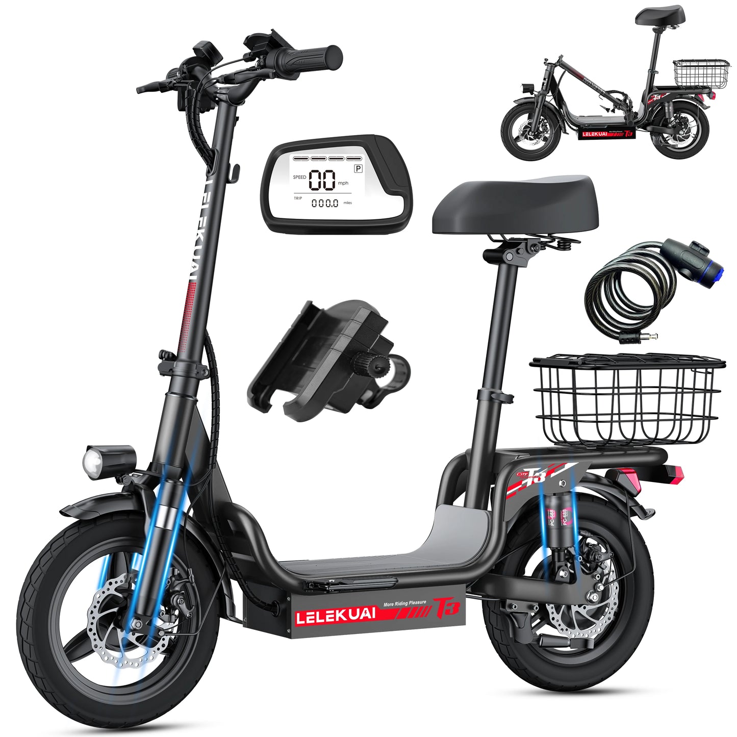 LELEKUAIC Electric Scooter For Adults And Teens With Seat 500 Lbs Capacity 26 MPH 25 Mile Range