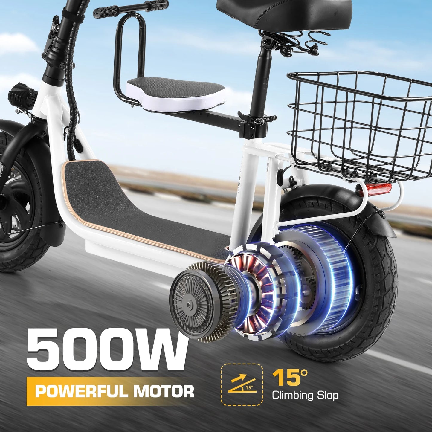 819W/1200W Electric Scooter with Seat, 12" Shock Tires, 500Wh Battery 30 Miles & 20MPH, Foldable E-Bike for Commuting