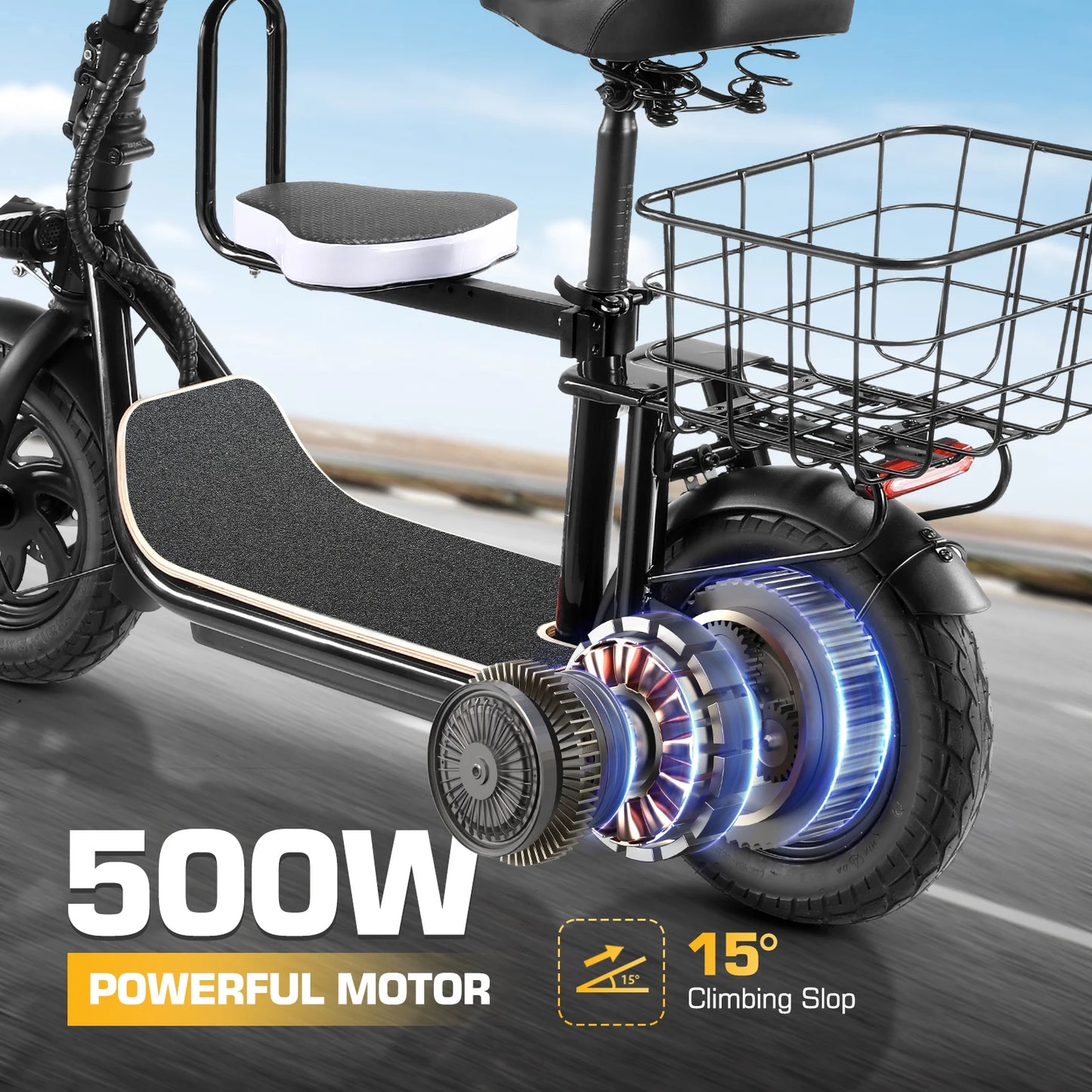 819W/1200W Electric Scooter with Seat, 12" Shock Tires, 500Wh Battery 30 Miles & 20MPH, Foldable E-Bike for Commuting