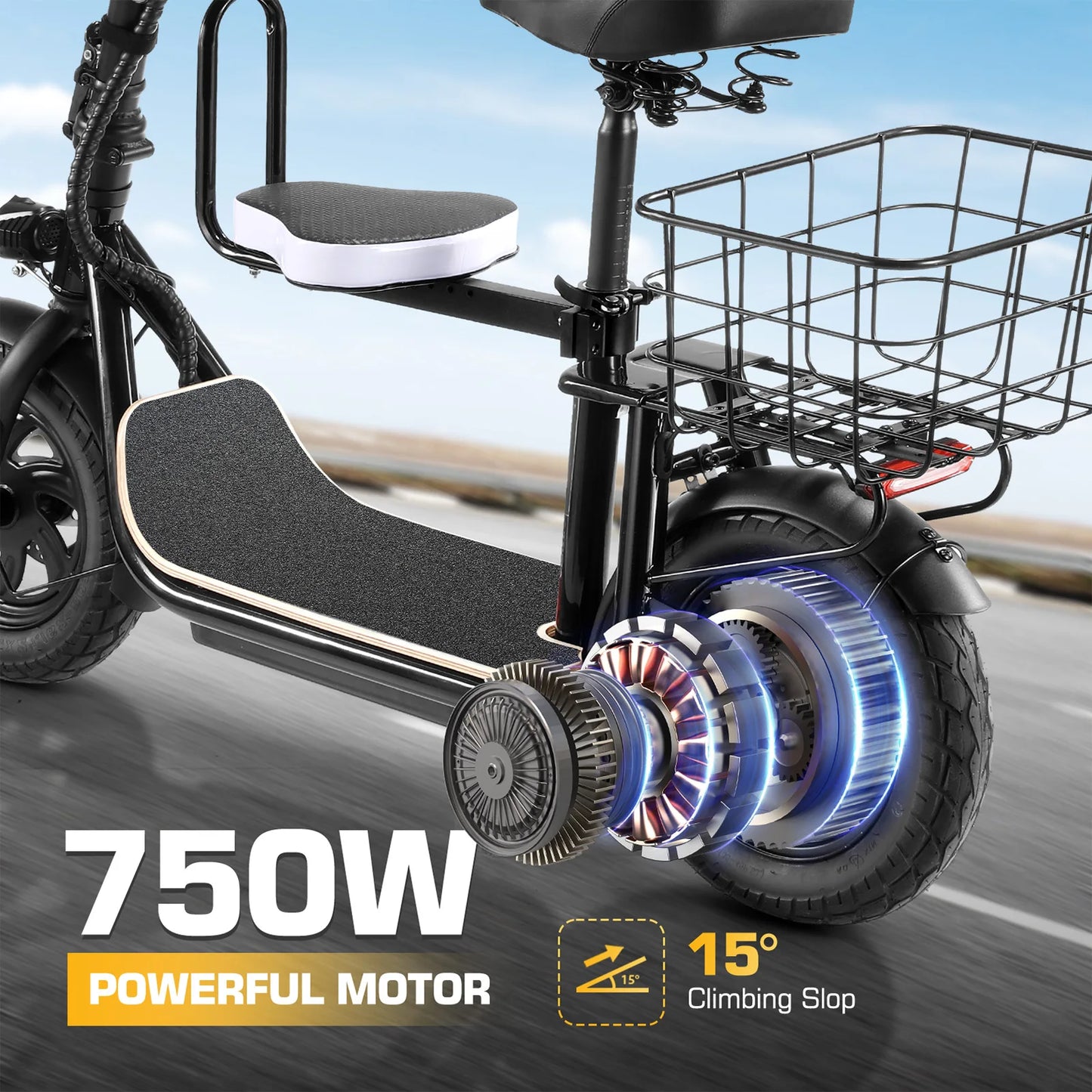 819W/1200W Electric Scooter with Seat, 12" Shock Tires, 500Wh Battery 30 Miles & 20MPH, Foldable E-Bike for Commuting