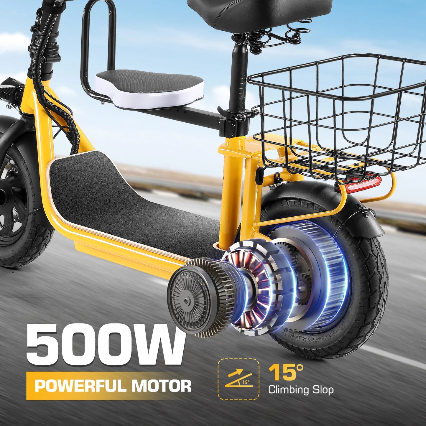 819W/1200W Electric Scooter with Seat, 12" Shock Tires, 500Wh Battery 30 Miles & 20MPH, Foldable E-Bike for Commuting