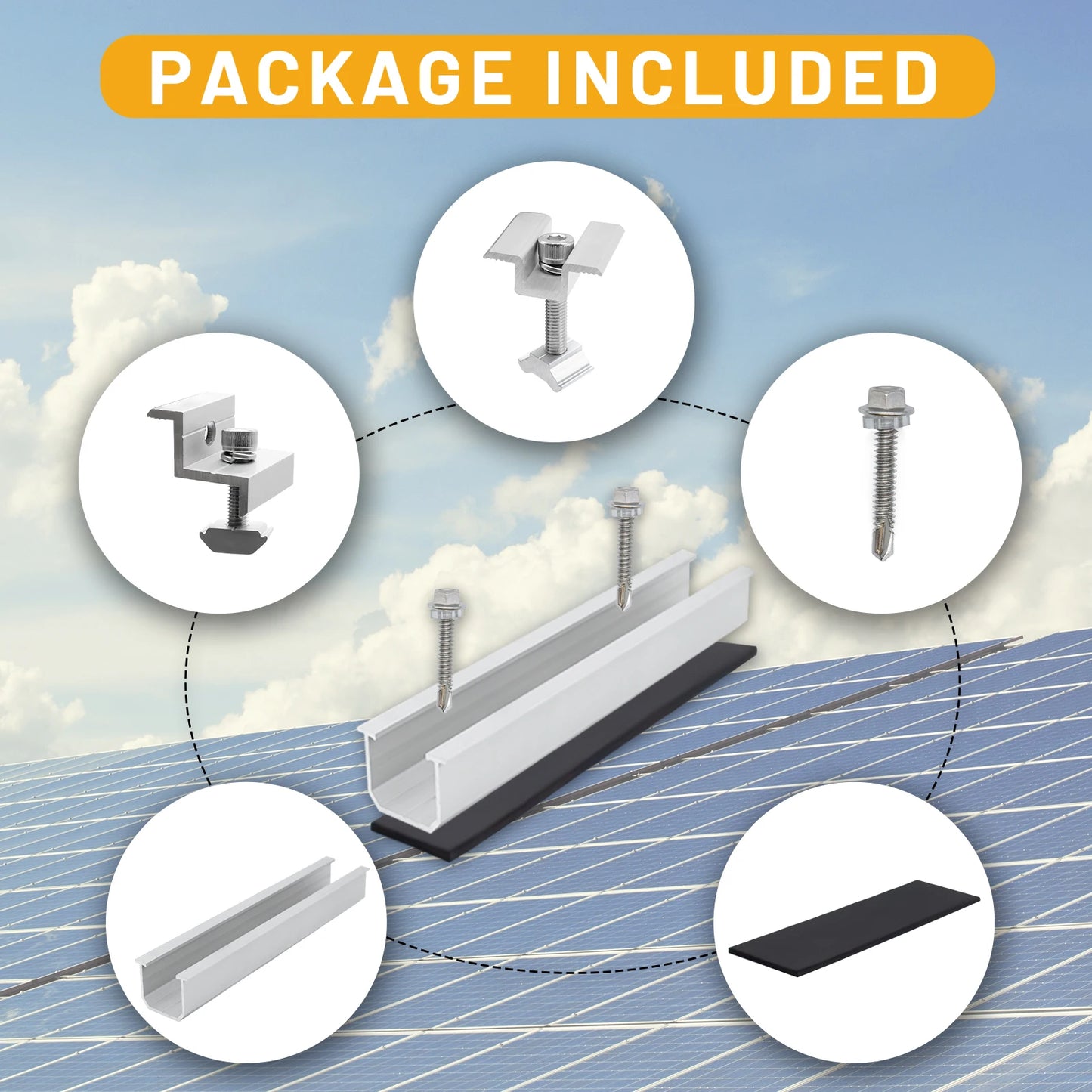 Solar Panel Mount Bracket Kit with 4.72IN/120mm Mini Rails, Middle Clamps, End Clamps and Rubber Pads for Shingle, Slate, Wood