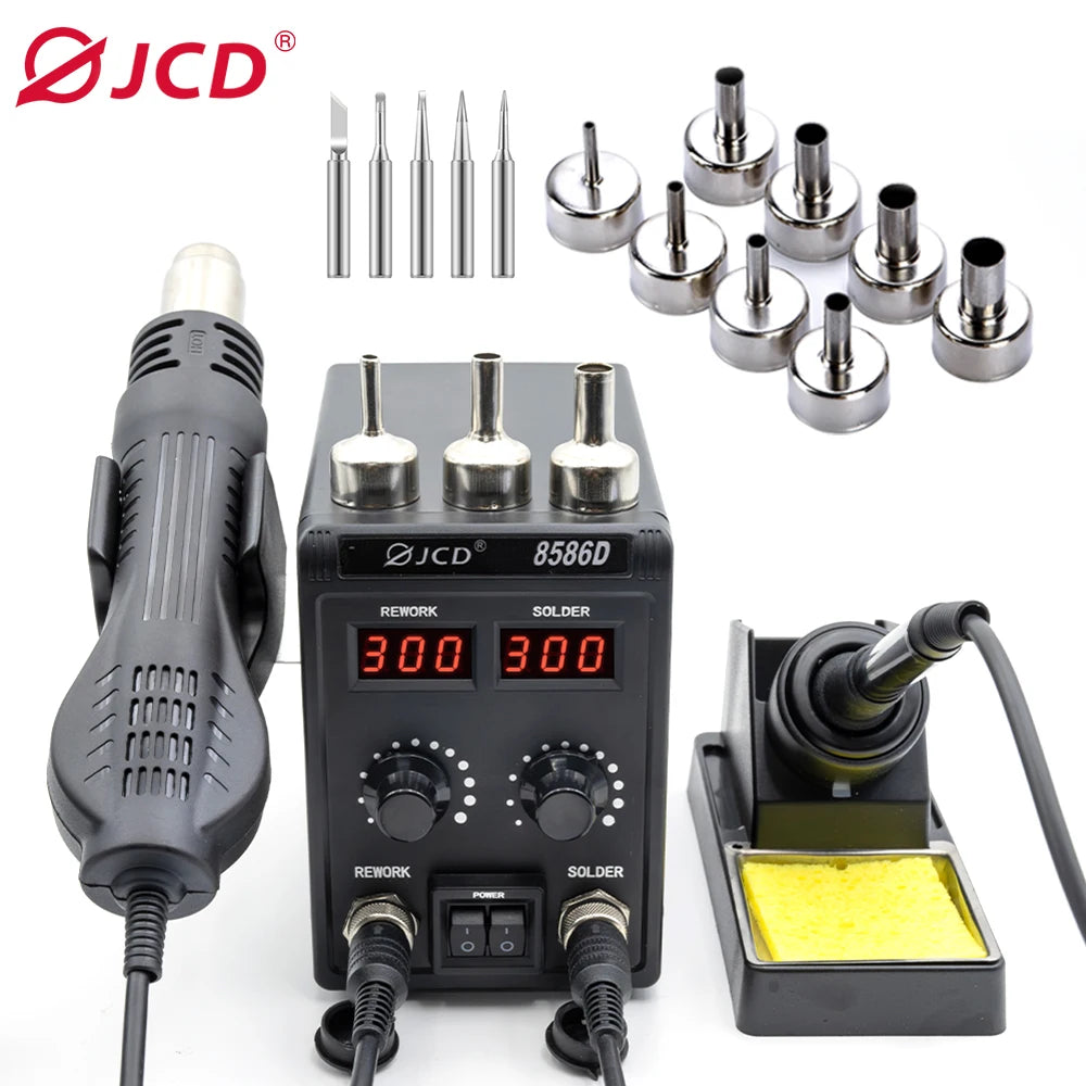 JCD 750W Soldering Station 2 IN 1 Hot Air Gun LCD Dual Digital Display Electric Soldering Iron SMD Welding Rework Station 8586D