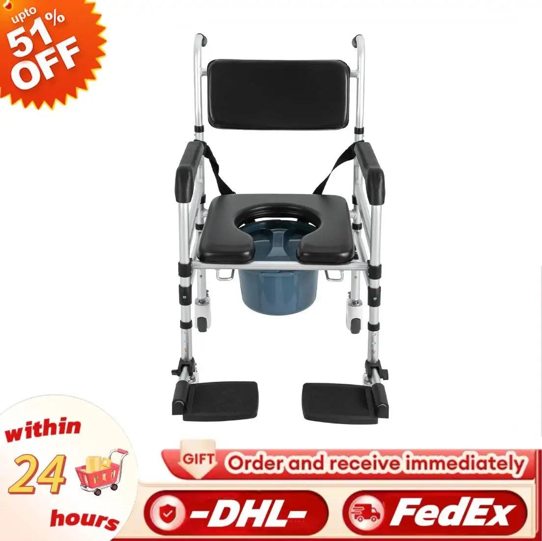 Hign-concerned Folding Shower Chair 4 Wheels Brakes Bidet
