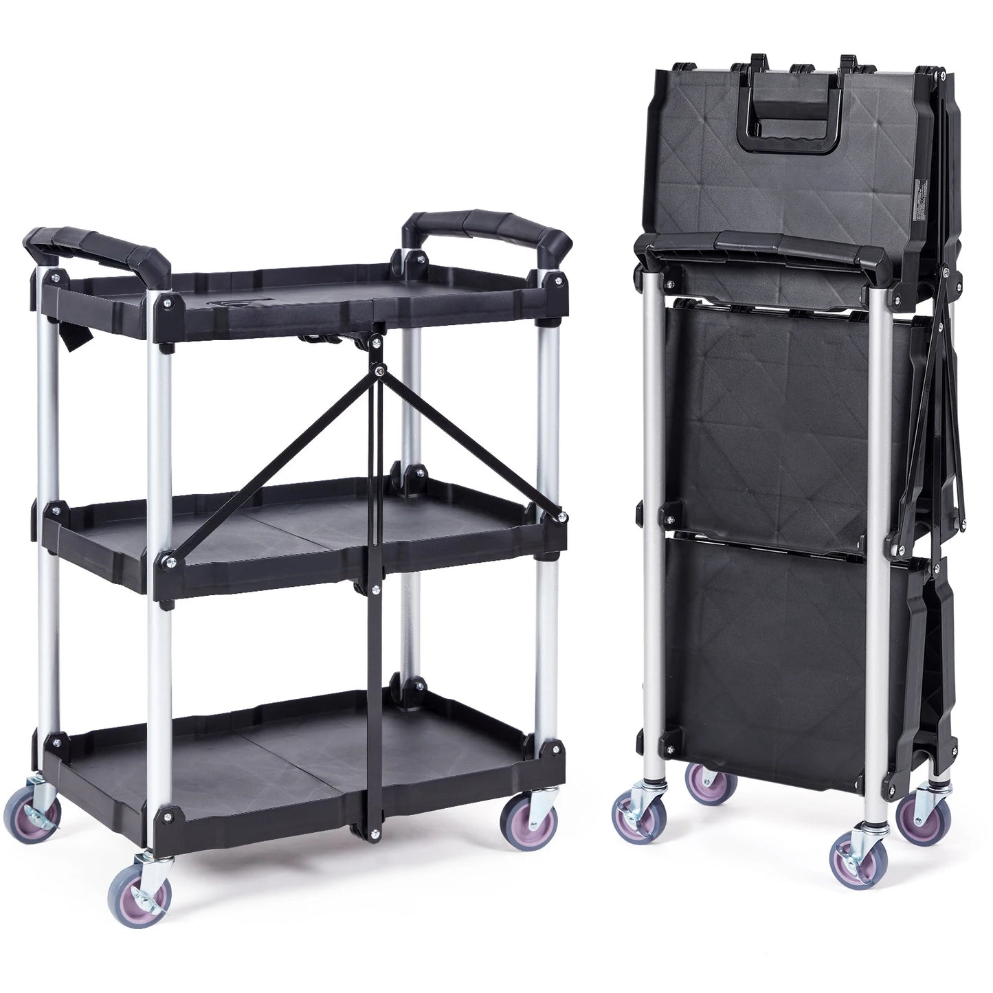 SucceBuy 3-Tier Folding Rolling Utility Cart For Kitchen And Bathroom
