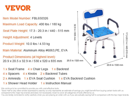 SucceBuy Swivel Shower Chair 360 Degree Adjustable Backrest