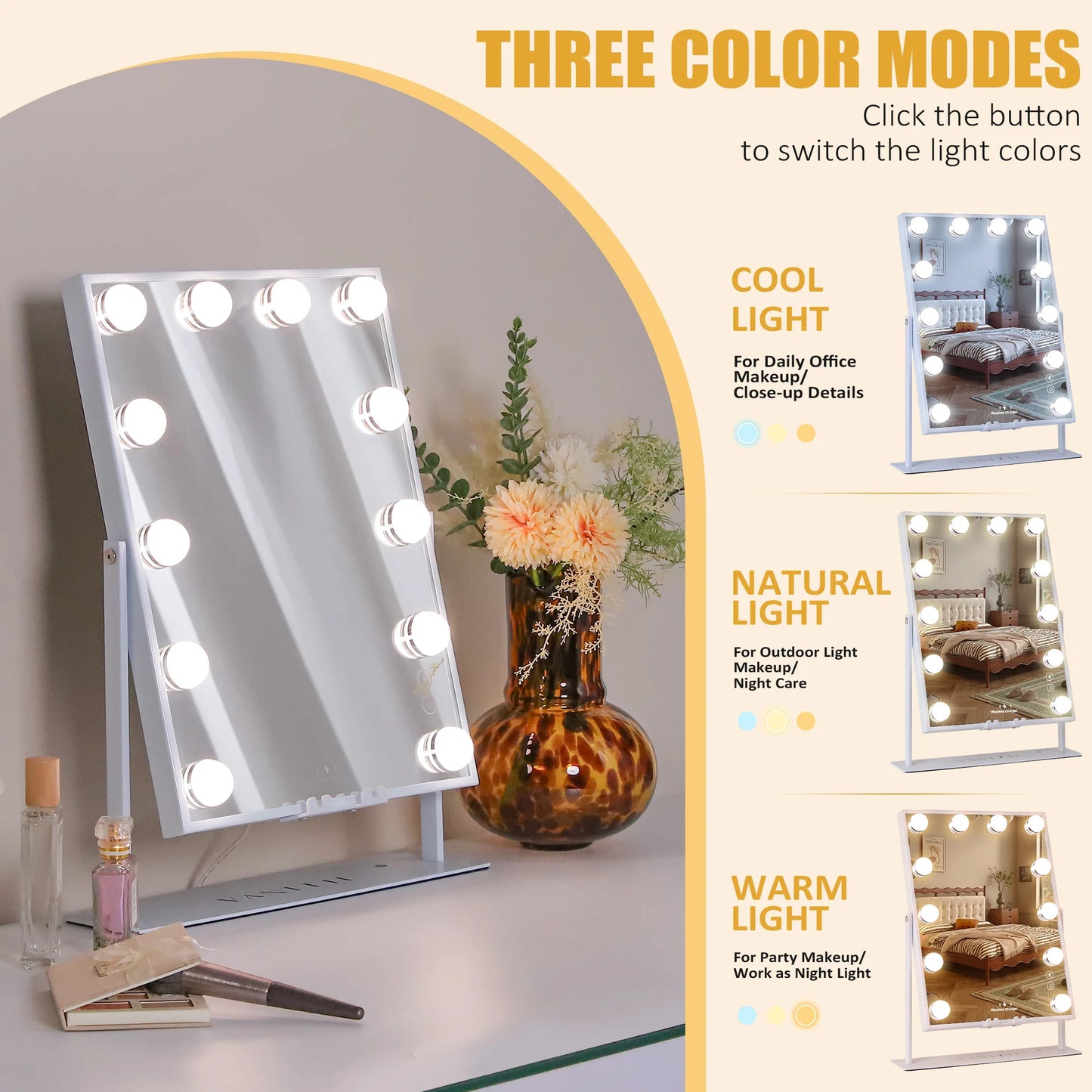 FENCHILIN Vanity Mirror With Lights Wireless Charger Bluetooth Speaker