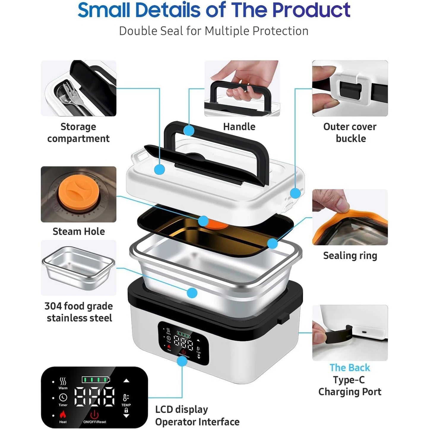 8000mAh Rechargeable Timer Automatic Heating Lunch Box, 1L Portable Food Warmer with Fork and Spoon and Insulated Carrying Bag