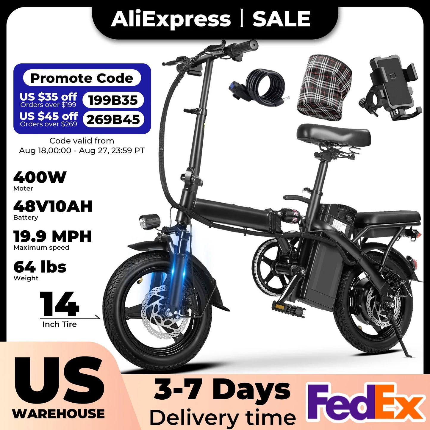 Terrosor T1 400W Folding Electric Bicycle With Basket