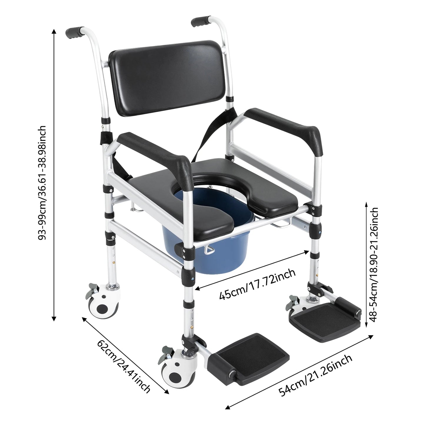 Aluminum Shower Commode Chair With Folding Seat And Locking Wheels