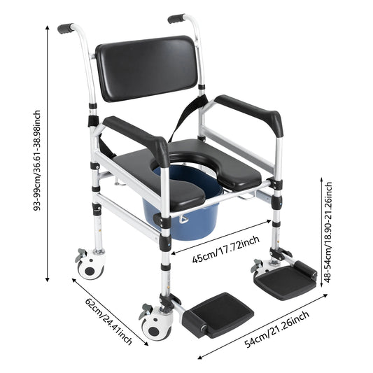 Aluminum Shower Commode Chair With Folding Seat And Locking Wheels