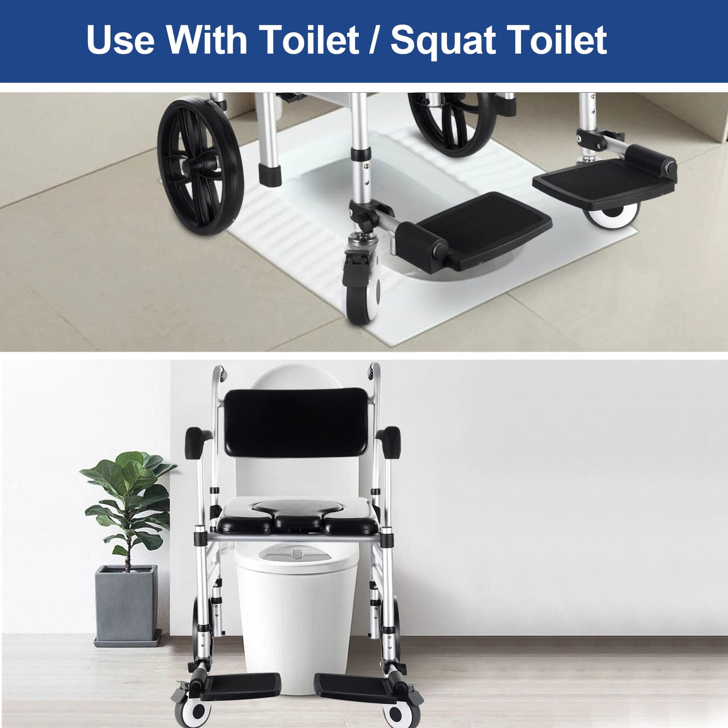 None Folding Shower Chair With Wheels And Arms Removable Toilet Riser