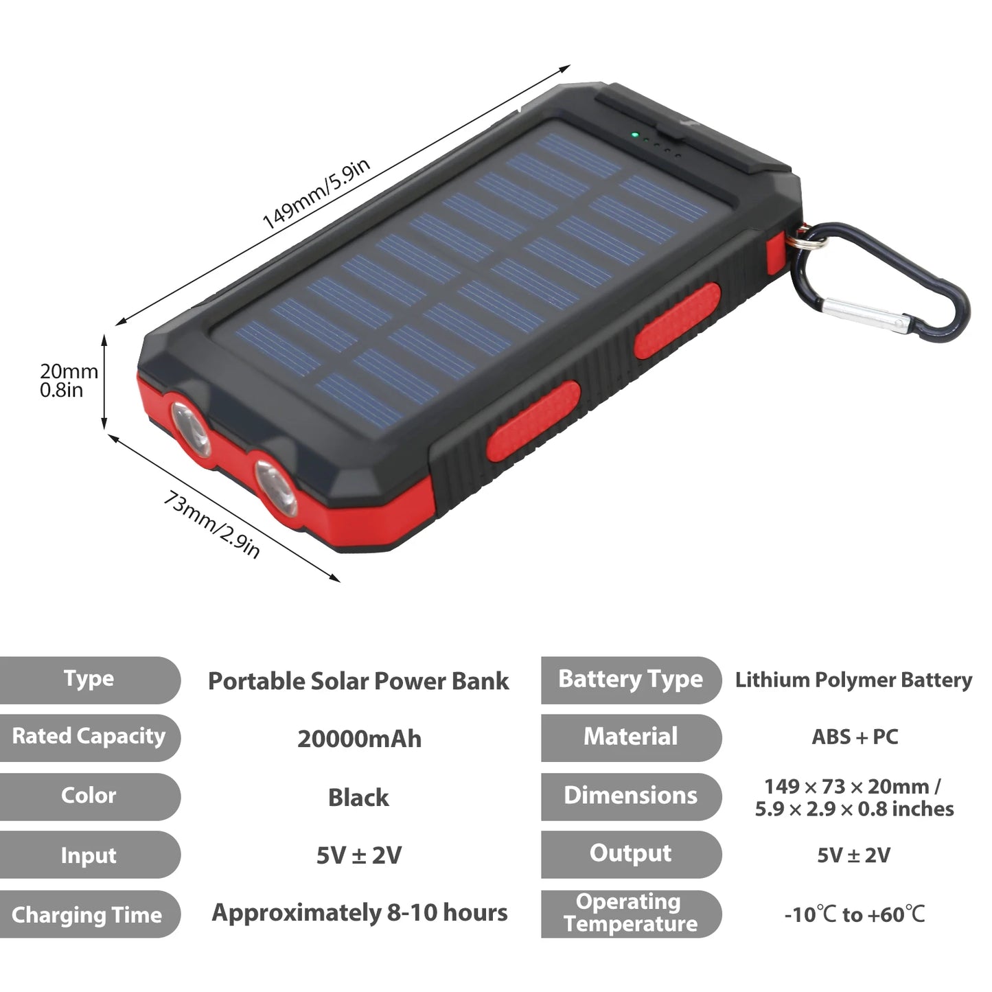 20000mAh Solar Charger Waterproof Portable Solar Power Bank Dual 5V USB Ports 2 LED Flashlight Compass for Outdoor Camping Hik