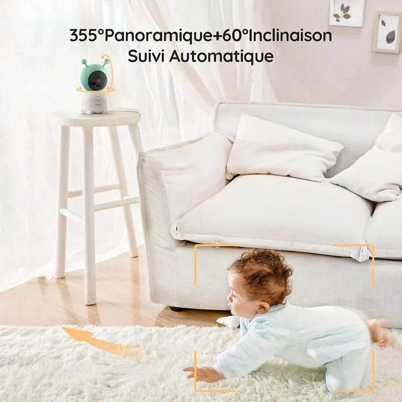BOIFUN 2K 5" Baby Monitor Camera,  360° Rotation with Phone App, Colorful Night Lights,Motion Monitoring, Automatic Tracking