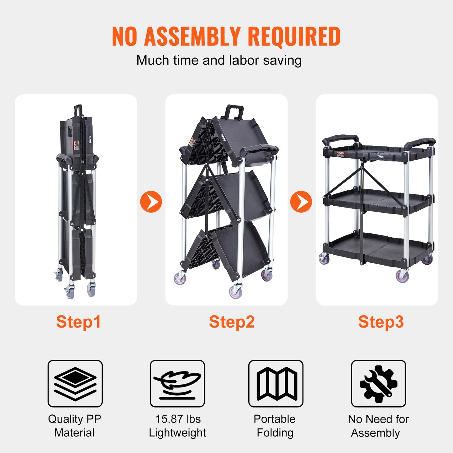 SucceBuy 3-Tier Folding Rolling Utility Cart For Kitchen And Bathroom