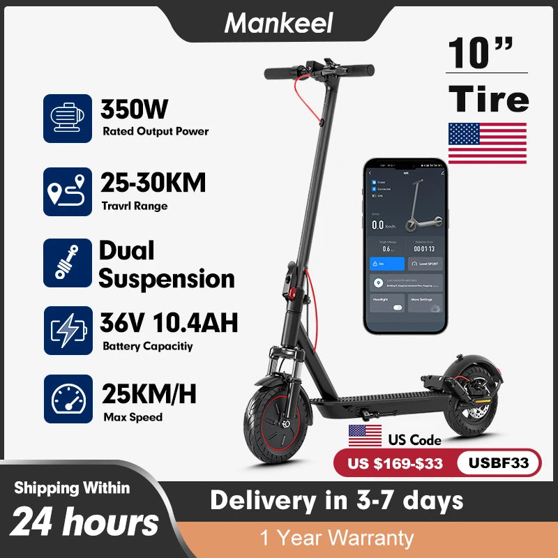 Mankeel MK085 Pro Electric Scooter 350W Dual Shock Absorption 36V 10.4Ah APP Smart Control Foldable E Scooter 25-30km Long Range