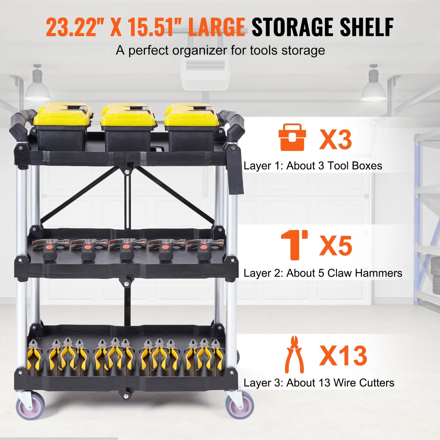 SucceBuy 3-Tier Folding Rolling Utility Cart For Kitchen And Bathroom