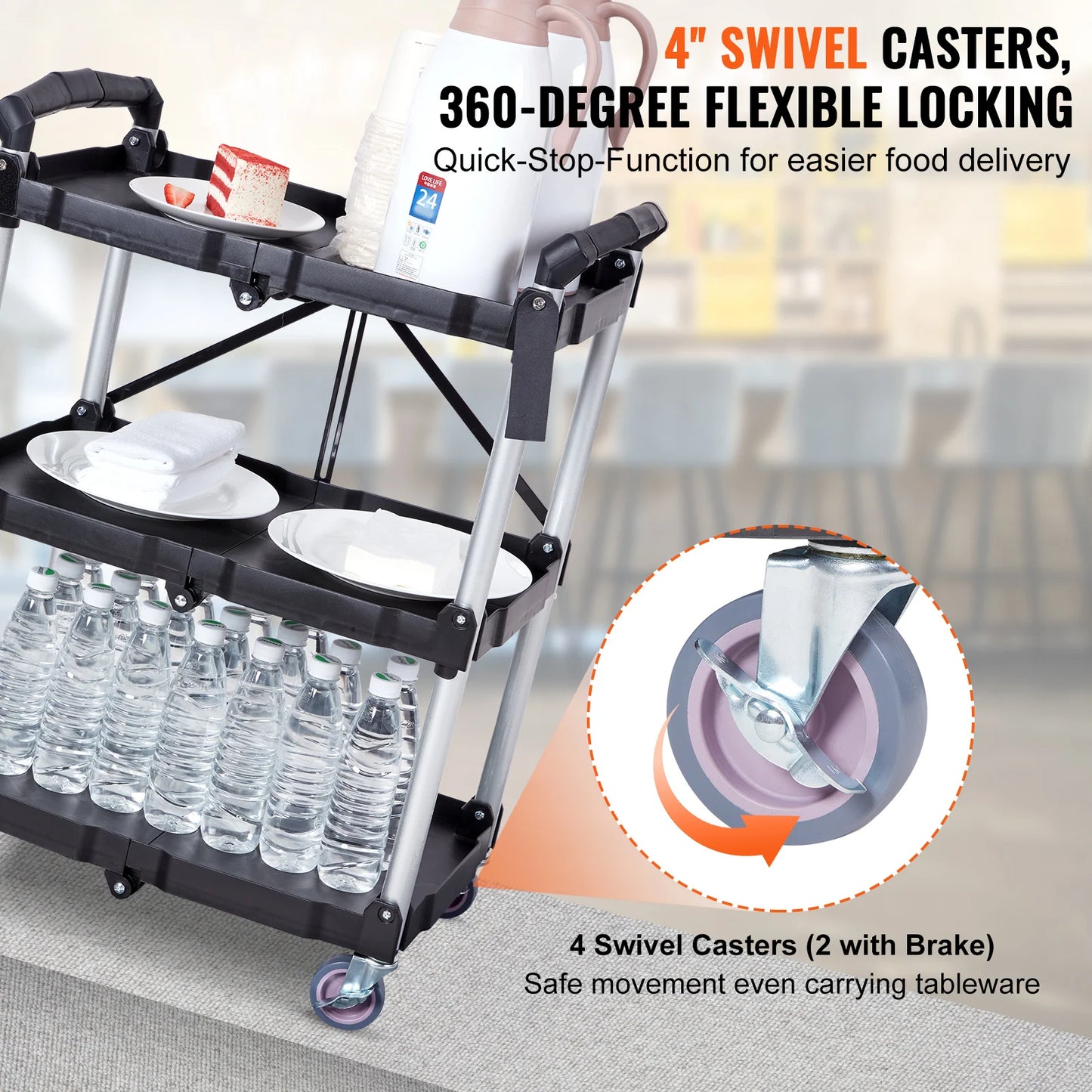 SucceBuy 3-Tier Folding Rolling Utility Cart For Kitchen And Bathroom