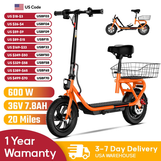 SISIGAD C10 600W electric scooter, 19MPH top speed, 20-mile range, with seat, shock absorbers, folding design, and dual brakes.