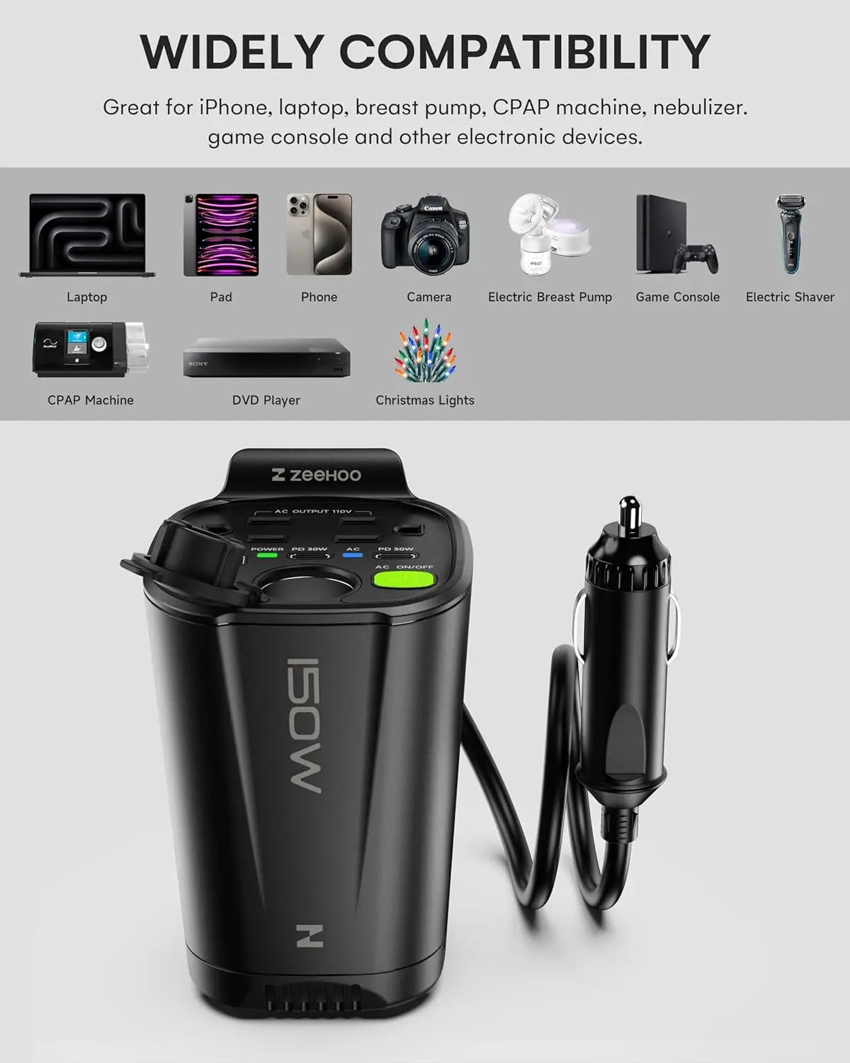 150W Car Power Inverter, 12V D/C To 110V AC Car Plug Adapter Outlet Converter, With 2 AC Outlets, A 18W USB A And Dual 30W PD Ca