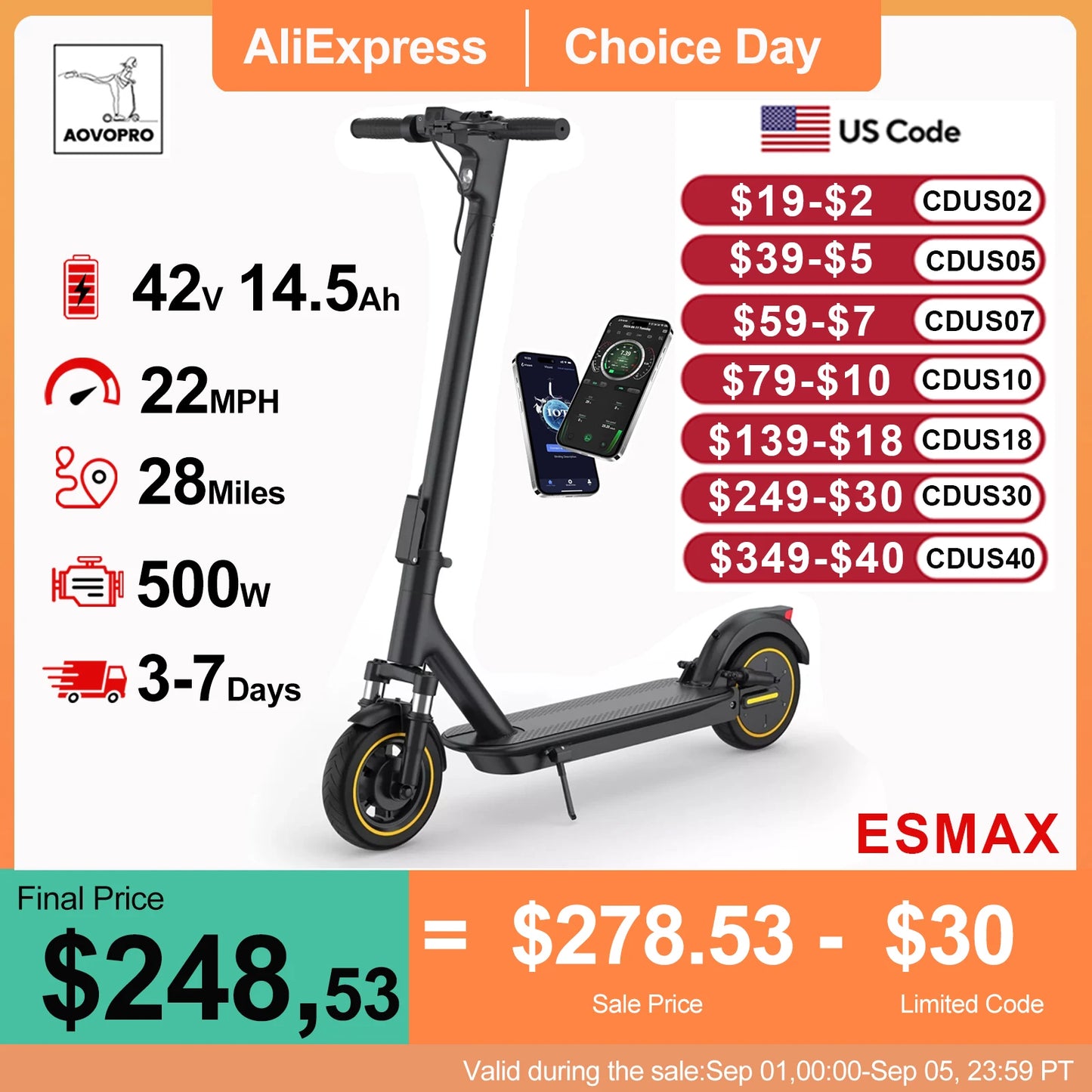 AOVOPRO ESMAX 500W Electric Scooter Folding Commuter