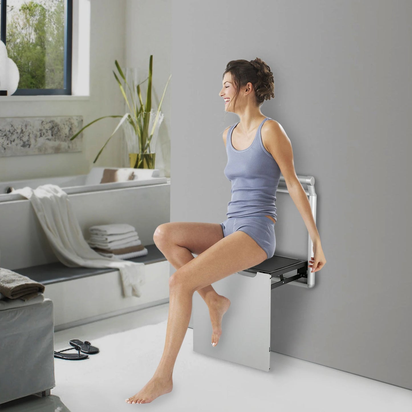 Bymaocar Wall Mounted Shower Stool 90 Degree Folding Back Bench