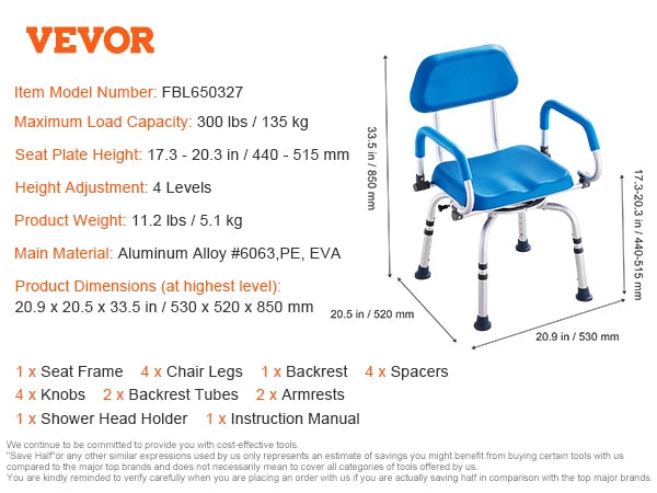SucceBuy Swivel Shower Chair 360 Degree Adjustable Backrest