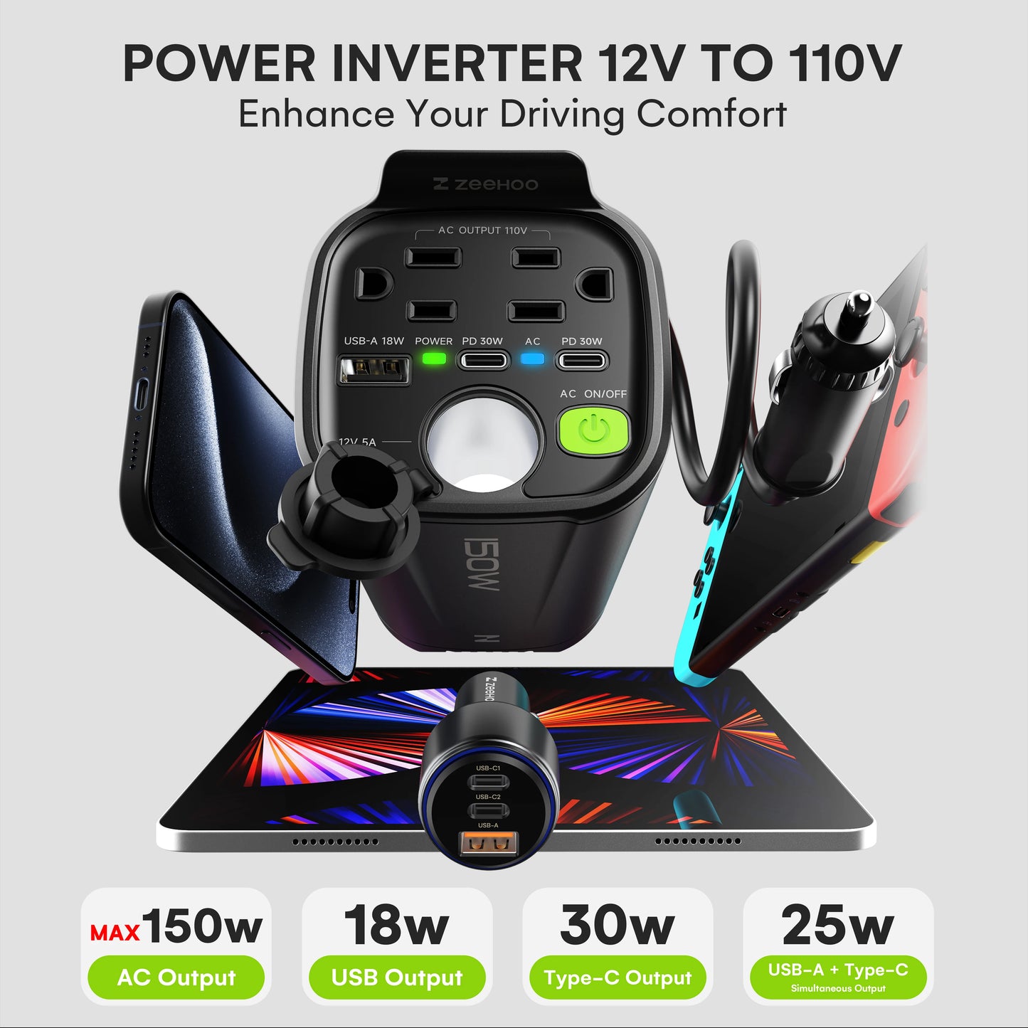 150W Car Power Inverter, 12V D/C To 110V AC Car Plug Adapter Outlet Converter, With 2 AC Outlets, A 18W USB A And Dual 30W PD Ca