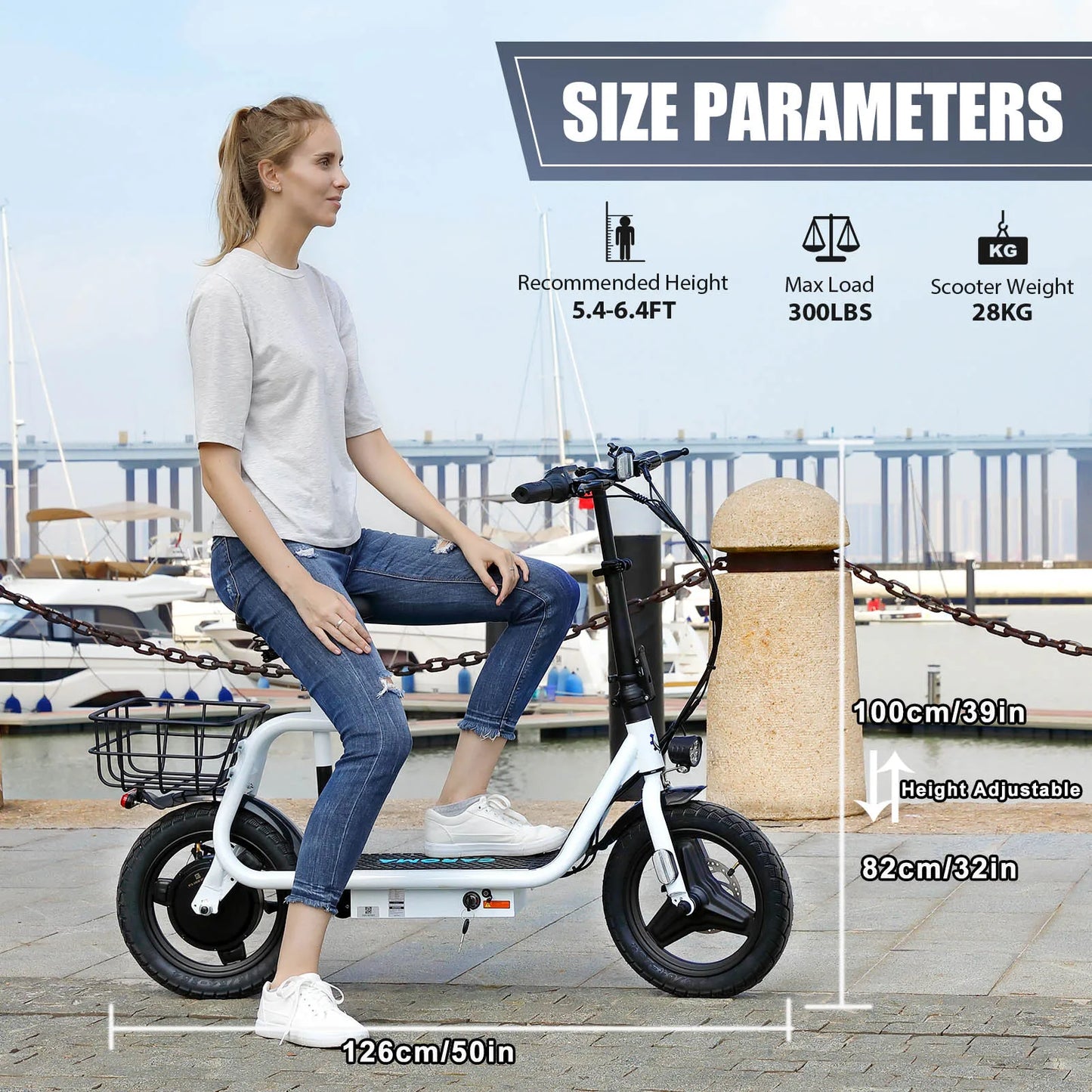 Peak 560W Electric Scooter with Seat&Basket, 15 Miles Ranges 20MPH Max Speed, Foldable Electric Scooter for Adults 300 LBS