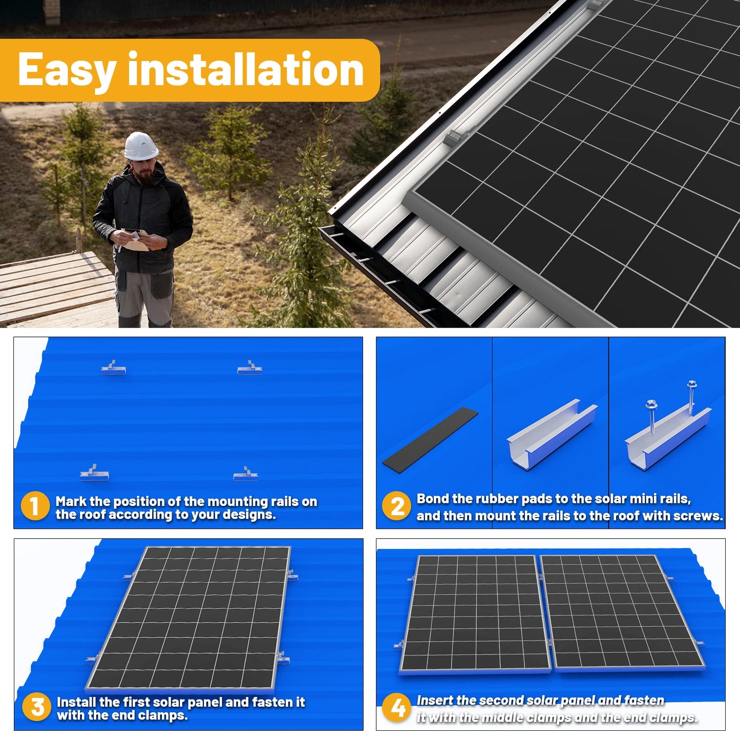 Solar Panel Mount Bracket Kit with 4.72IN/120mm Mini Rails, Middle Clamps, End Clamps and Rubber Pads for Shingle, Slate, Wood