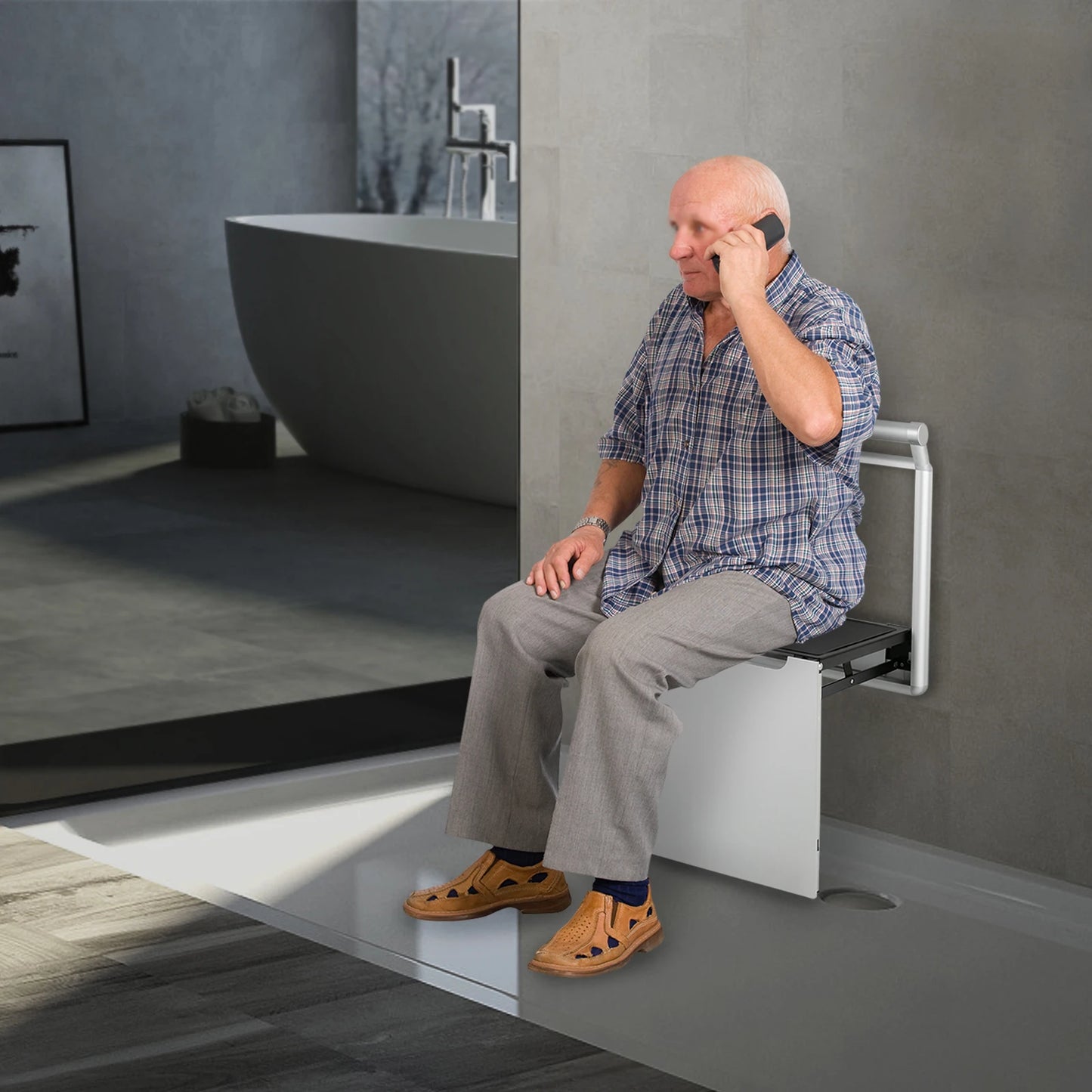 Bymaocar Wall Mounted Shower Stool 90 Degree Folding Back Bench