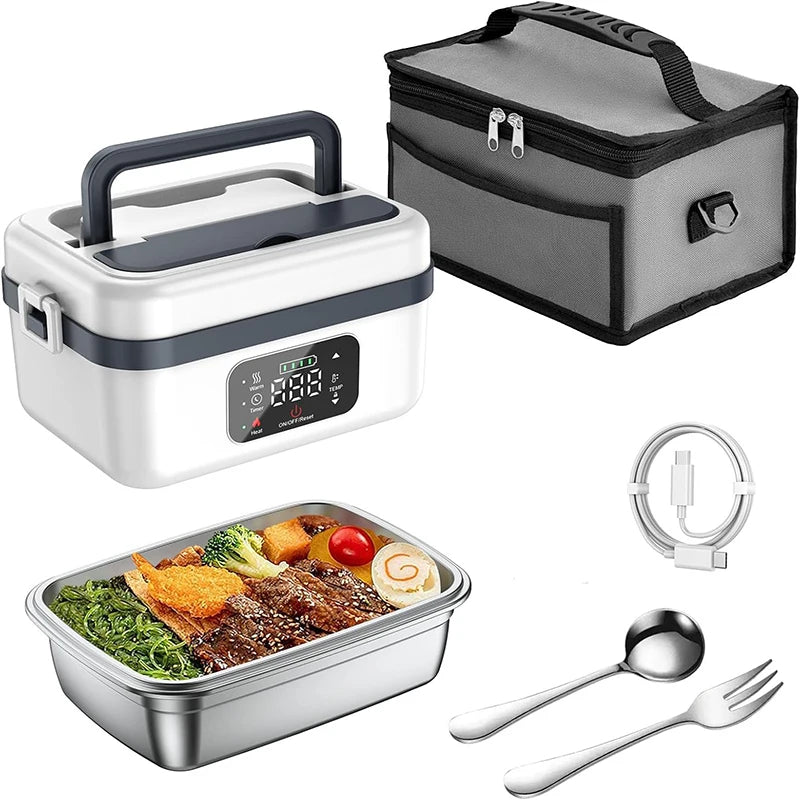 8000mAh Rechargeable Timer Automatic Heating Lunch Box, 1L Portable Food Warmer with Fork and Spoon and Insulated Carrying Bag