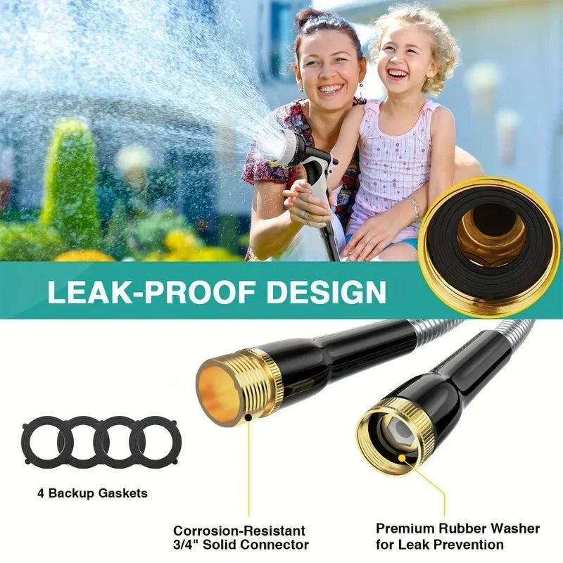 Garden Stainless Steel Water Pipe With Adjustable 10 Function Nozzle, Heavy-Duty Metal Garden Water Pipe For Courtyard Lawn Use