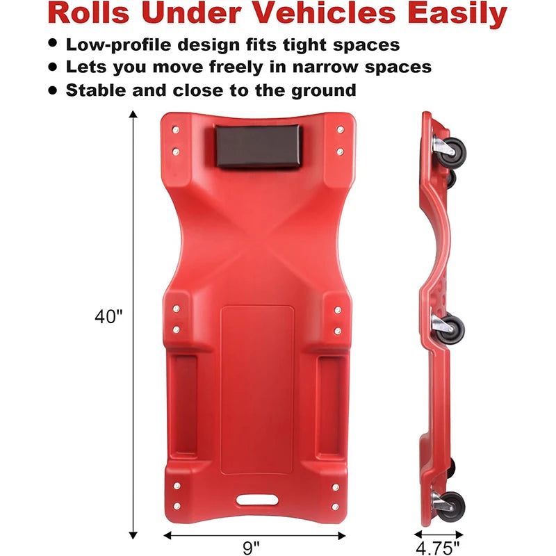 Mechanic Creeper - 40 Inch Rolling Garage Creeper with Padded Headrest and Dual Tool Trays - Low Profile Design for Under Car Re