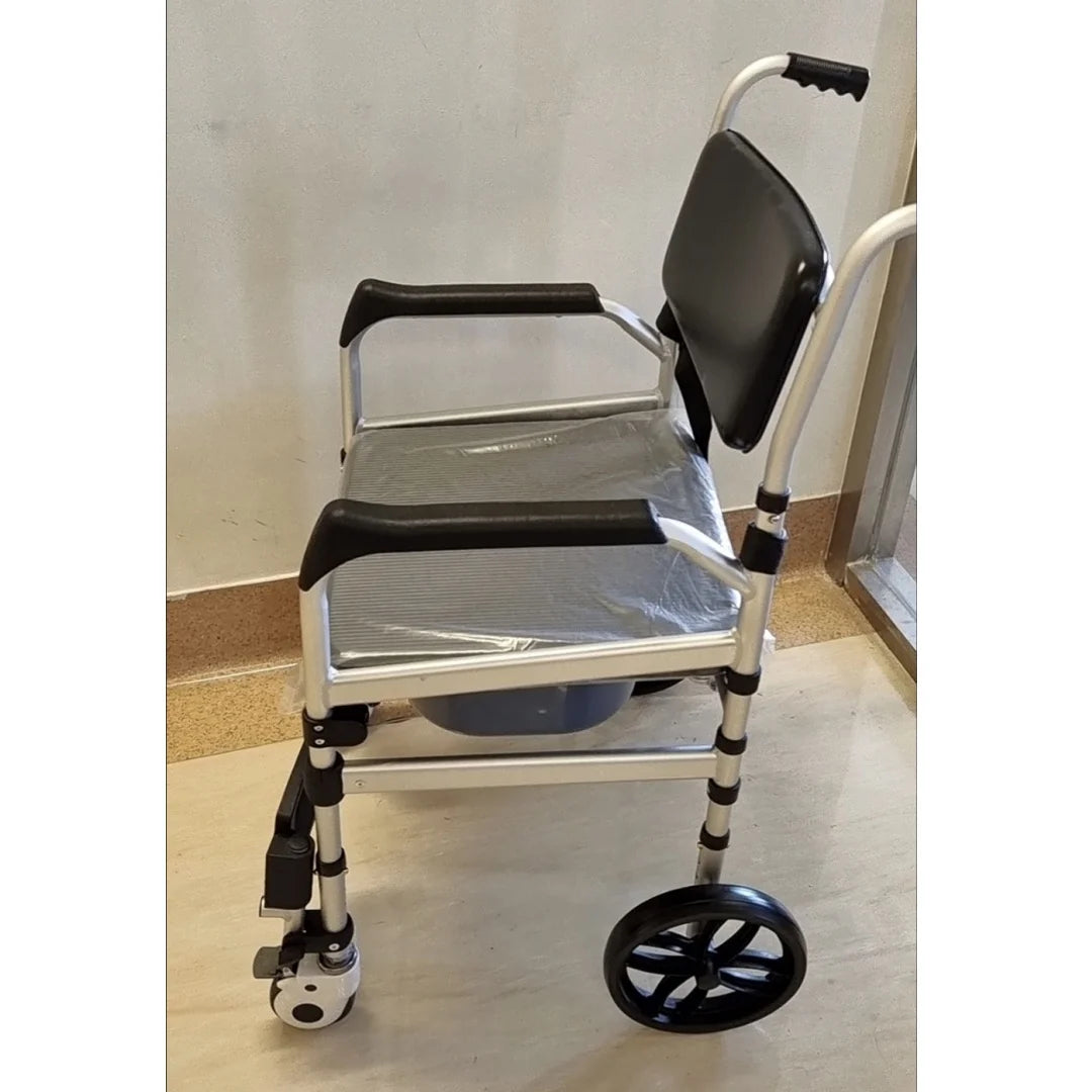 Aluminum Shower Commode Chair With Folding Seat And Locking Wheels