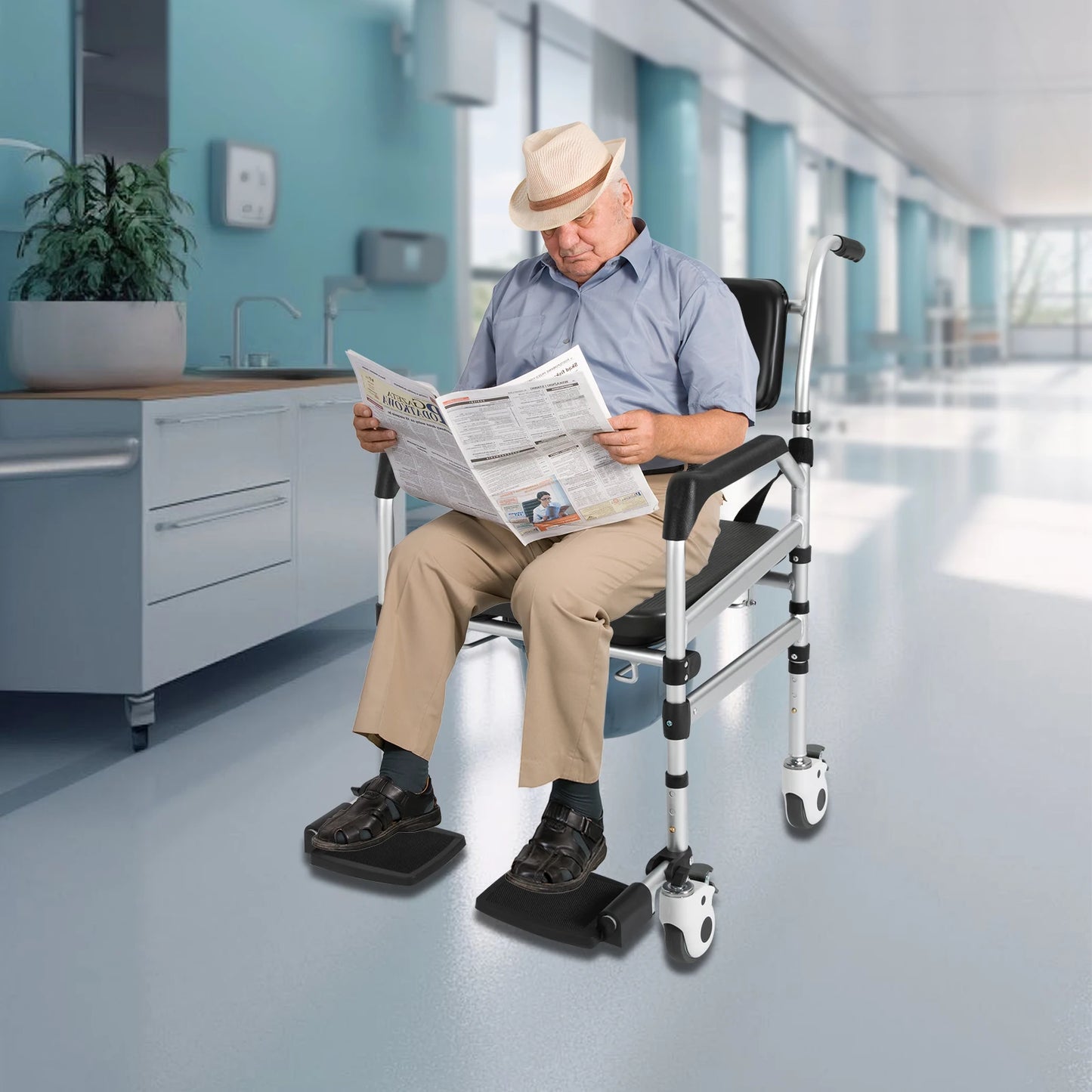 Aluminum Shower Commode Chair With Folding Seat And Locking Wheels