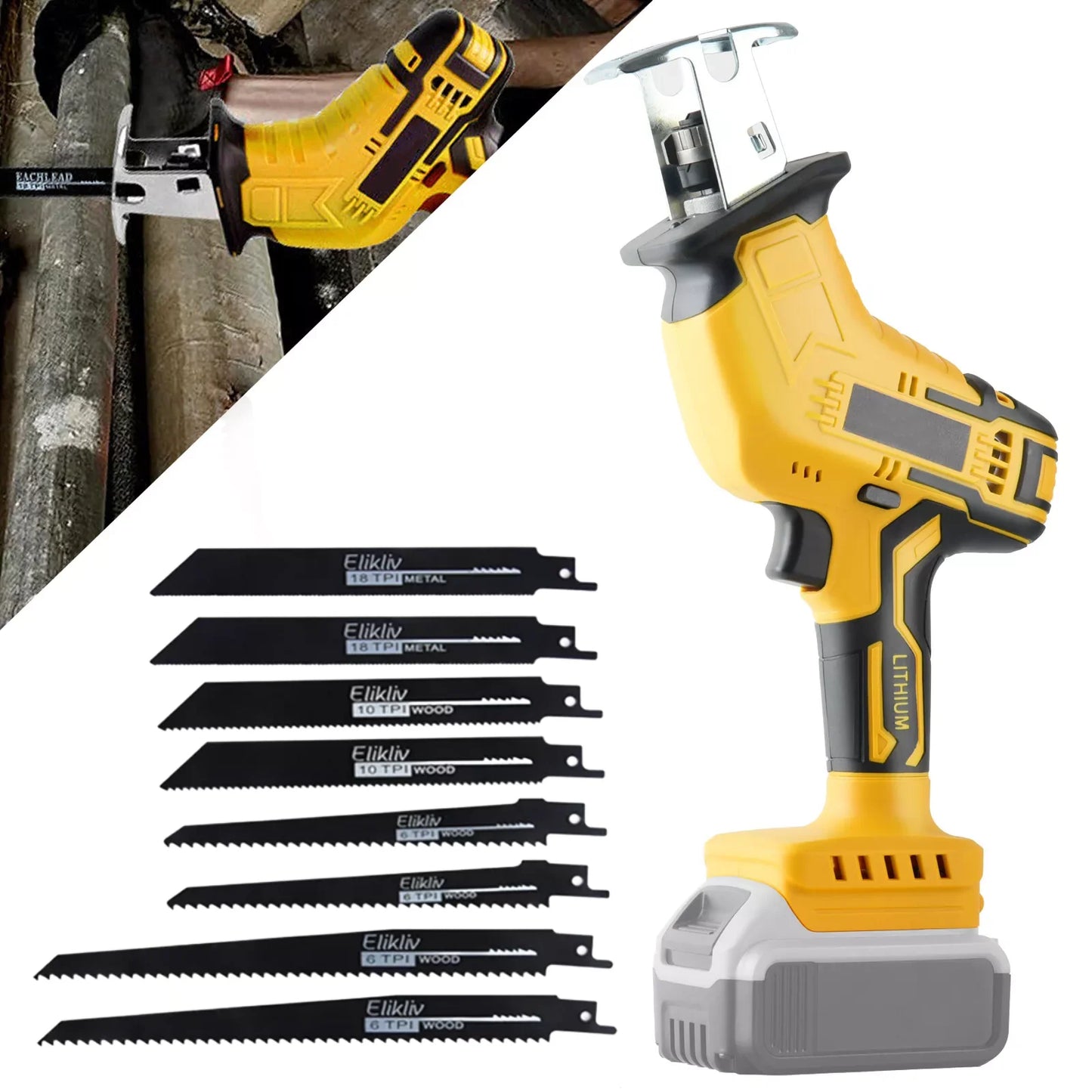 Cordless Reciprocating Saw, Portable  Cutting Electric Saw Variable-speed Wooden Metal PVC Cutting Electric saw +8 Saw Blades