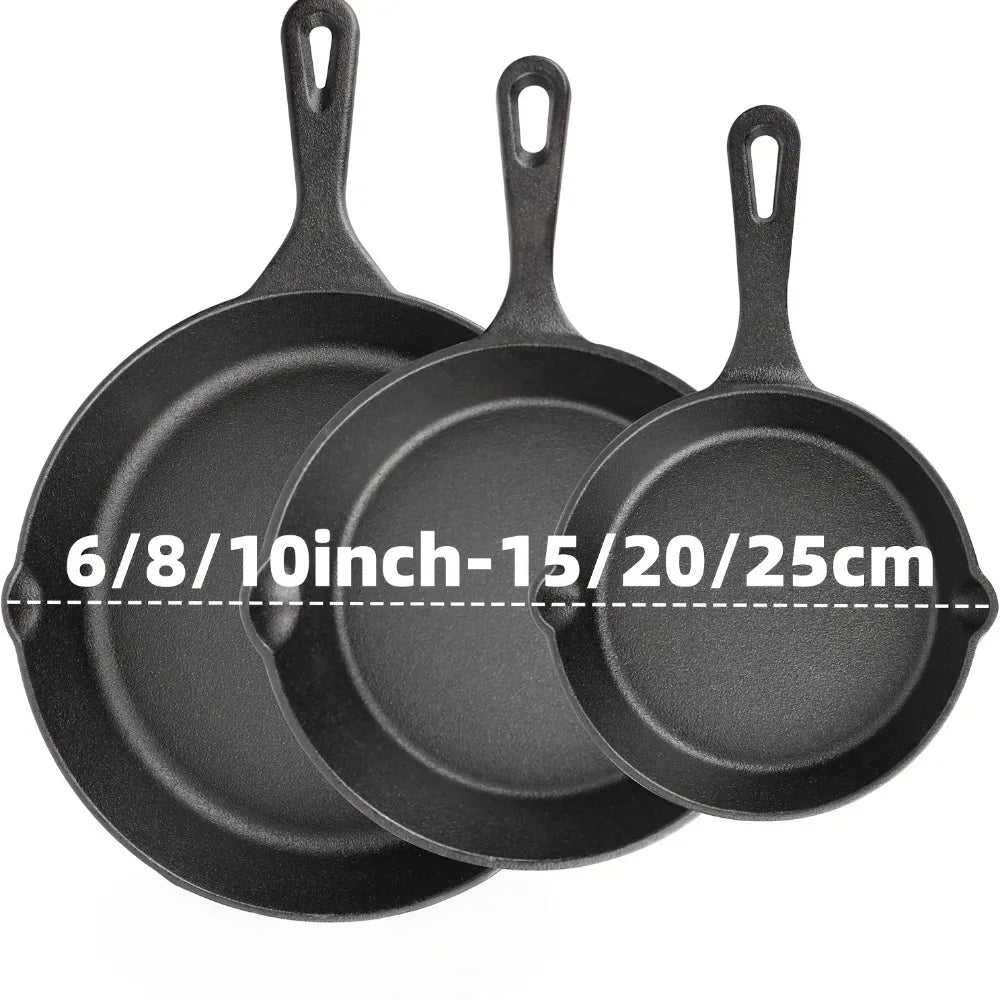 3PCS Cast Iron Skillet Set (6/8/10 Inch)  Pre-Seasoned, Heavy-Duty Pans for Oven, Grill & Campfire, Even Heat, Non-Stick Surface