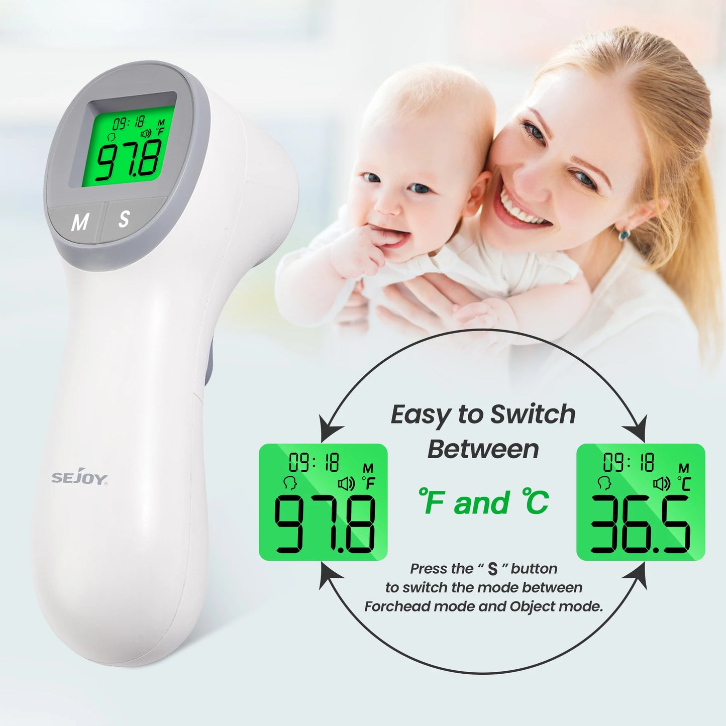 Sejoy Infrared Digital Thermometer Non Contact Forehead Ear Body Temperature