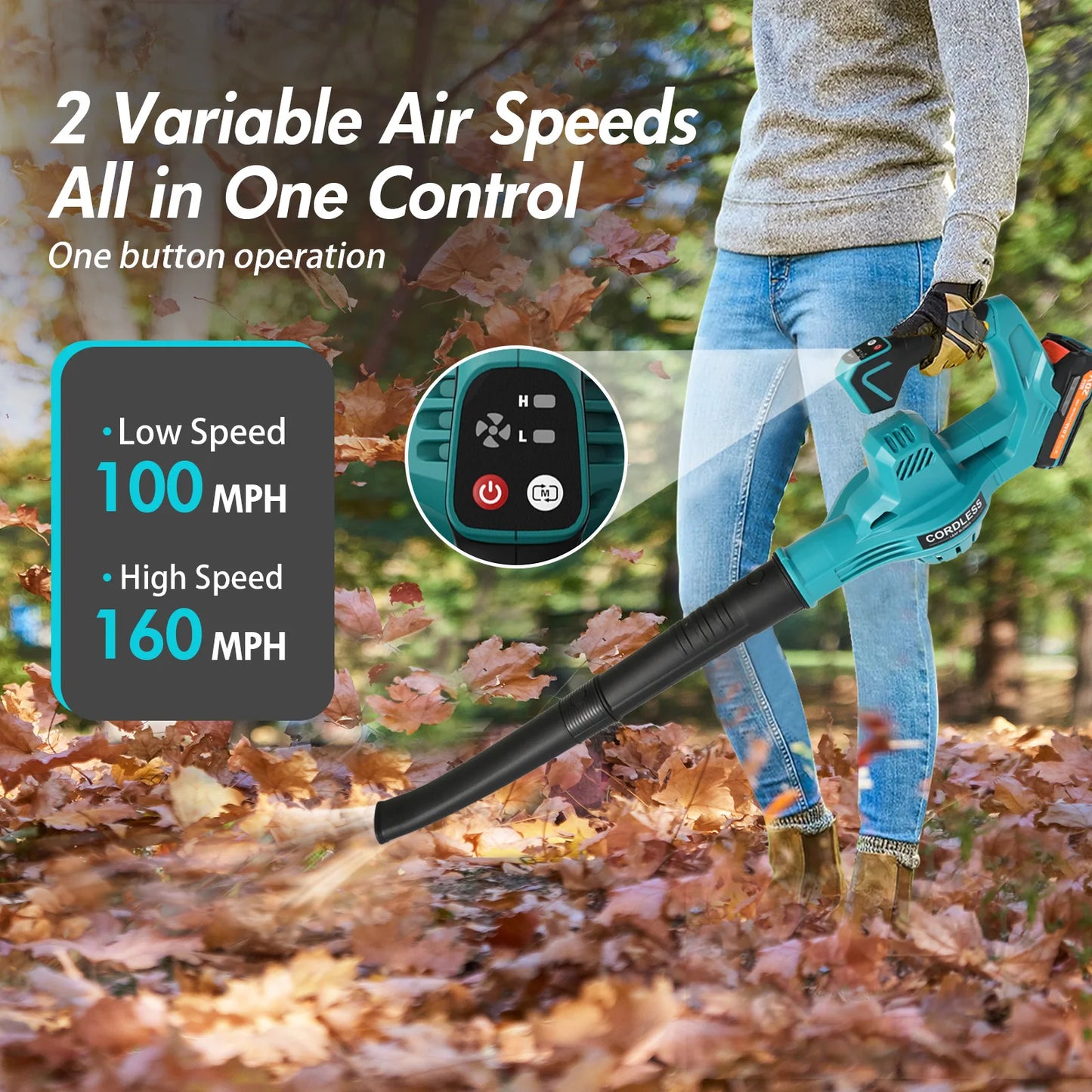 Leaf Blower Cordless Electric Portable 160MPH Lightweight 1*20V-2.0Ah Batteries Handheld Leaf Cleaner 2-Speed Lawn Care Yards