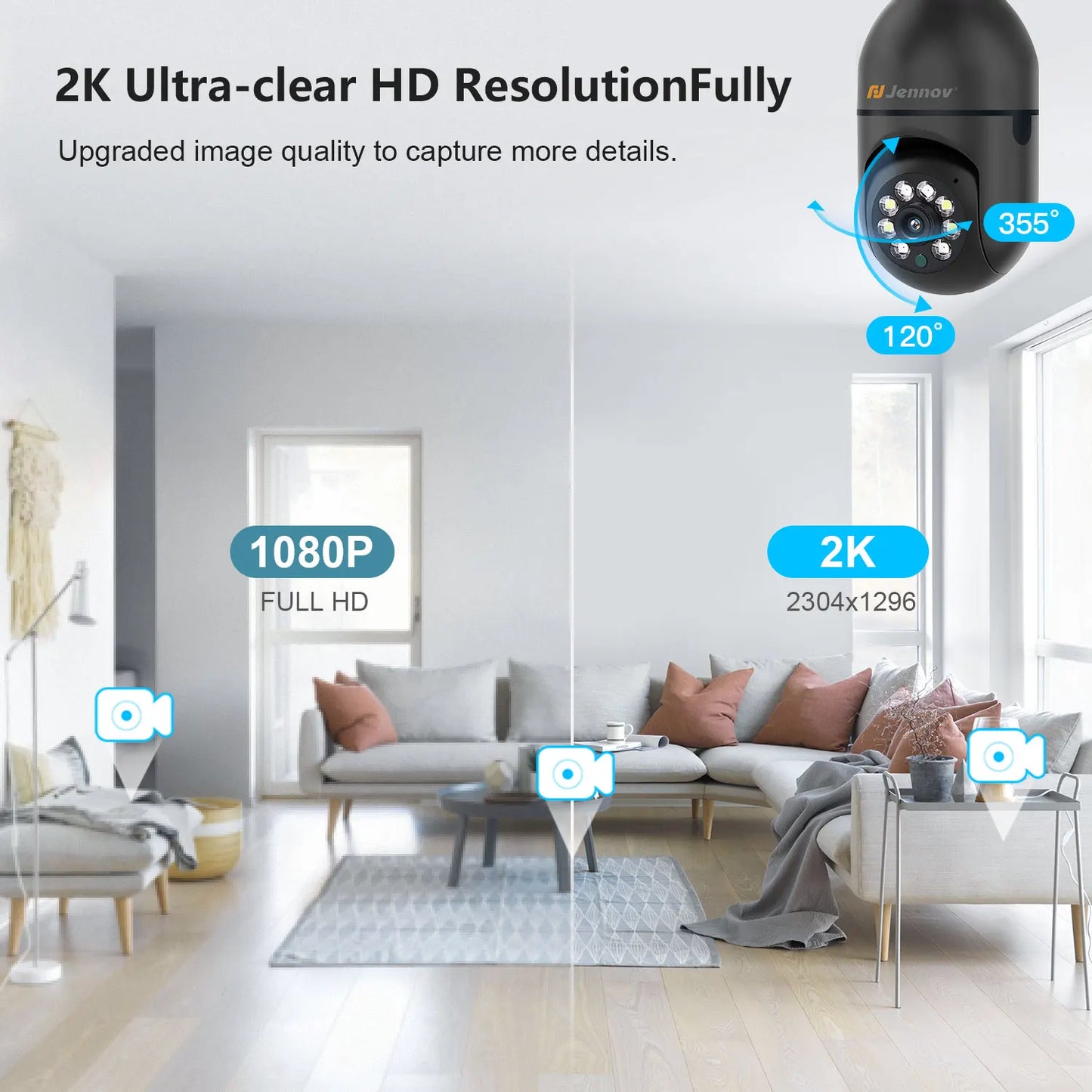 Jennov 2K WiFi Light Bulb Security Camera Outdoor Wireless