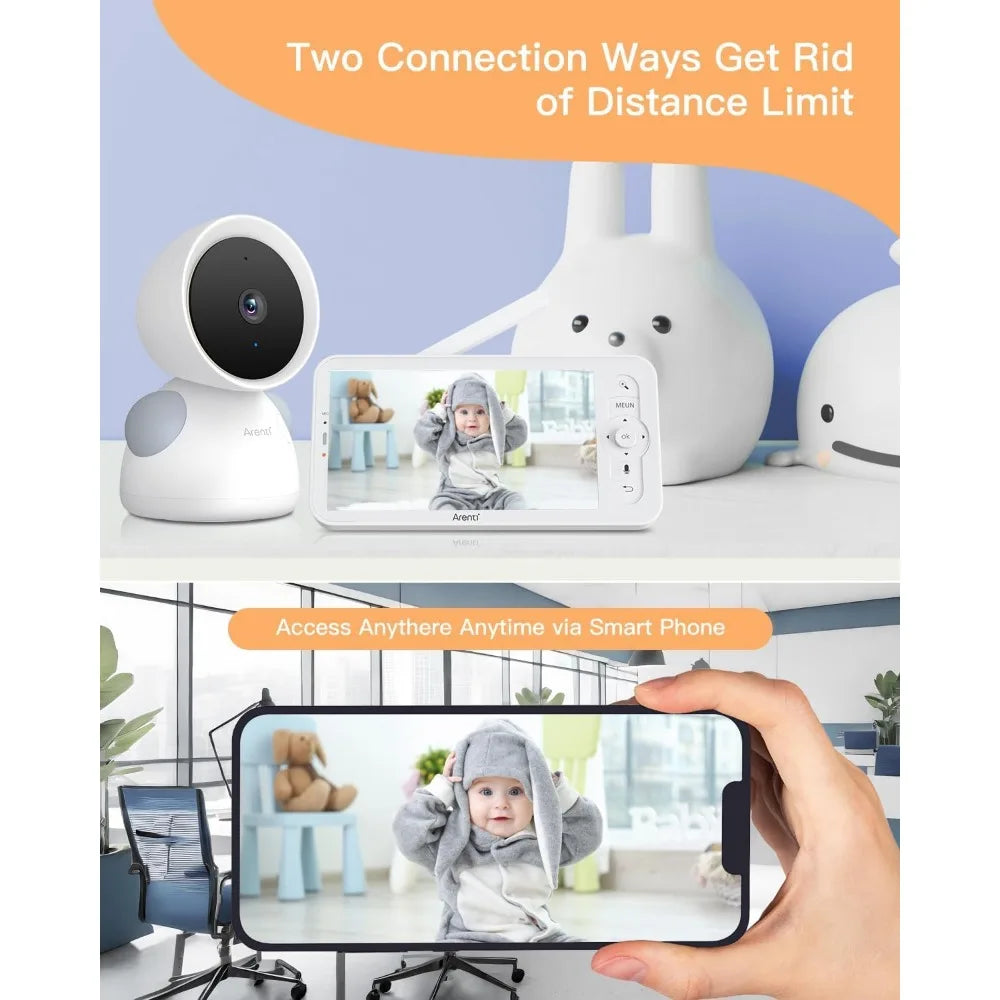 Baby Monitor, 2K/3MP WiFi 6 Camera and Audio, 5-inch Wireless Screen, Smartphone App, Super Night Vision, Crying Detection, Aut