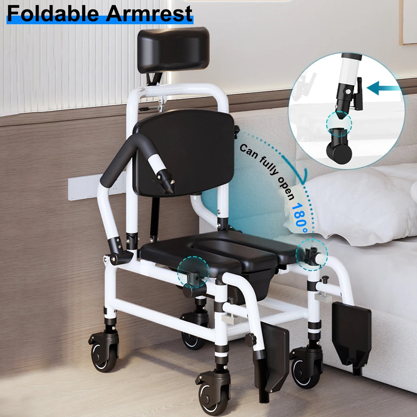 Shower Chair With Wheels Bedside Commode Chair Headrest Bucket