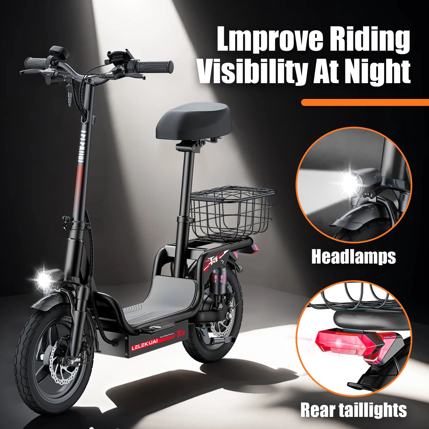 LELEKUAIC Electric Scooter For Adults And Teens With Seat 500 Lbs Capacity 26 MPH 25 Mile Range