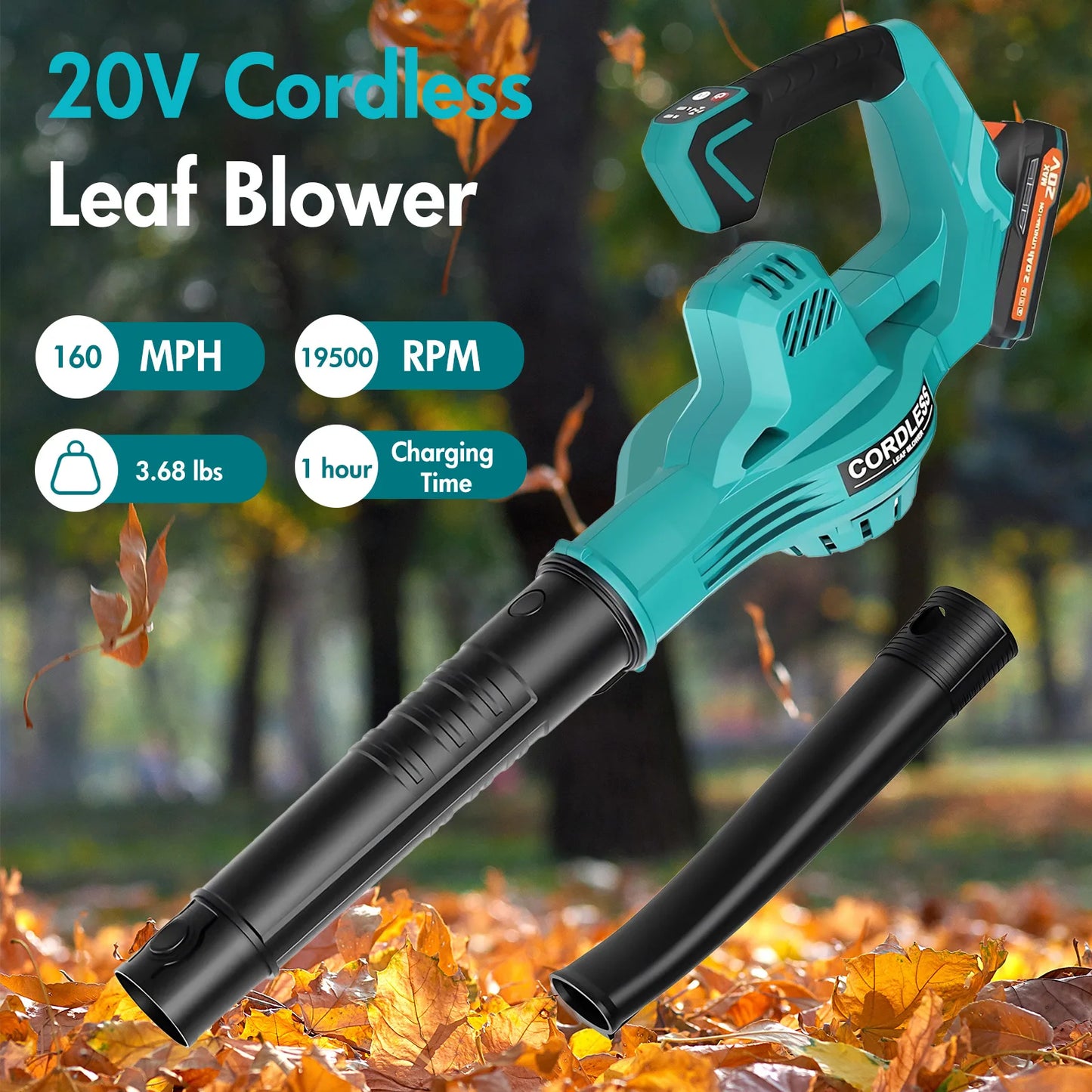 Leaf Blower Cordless Electric Portable 160MPH Lightweight 1*20V-2.0Ah Batteries Handheld Leaf Cleaner 2-Speed Lawn Care Yards