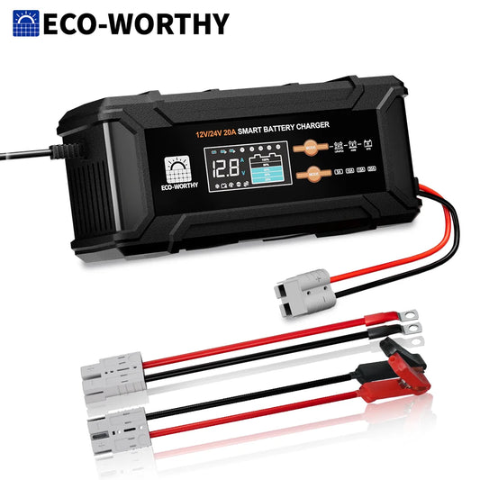 ECO-Worthy 12V/24V 20A Smart Battery Charger Maintainer, Auto Voltage Detect for LiFePO4 Lead-Acid with Multi-Current Options 5A